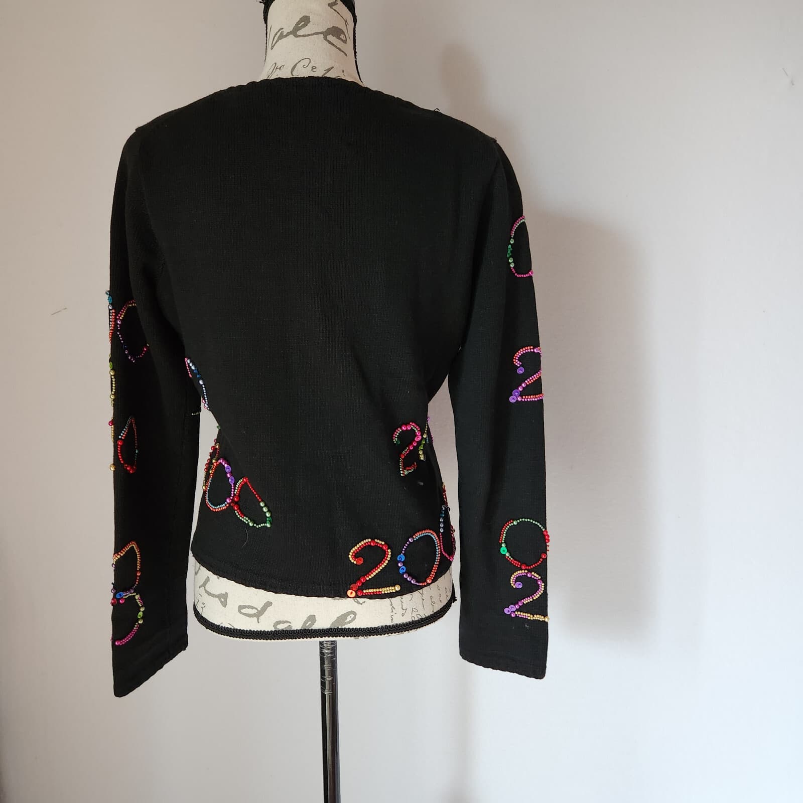 Vintage Y2K 2000 Michael Simon Beaded Cardigan Button Ramie Blend Black Womens S - Thumbnail 6