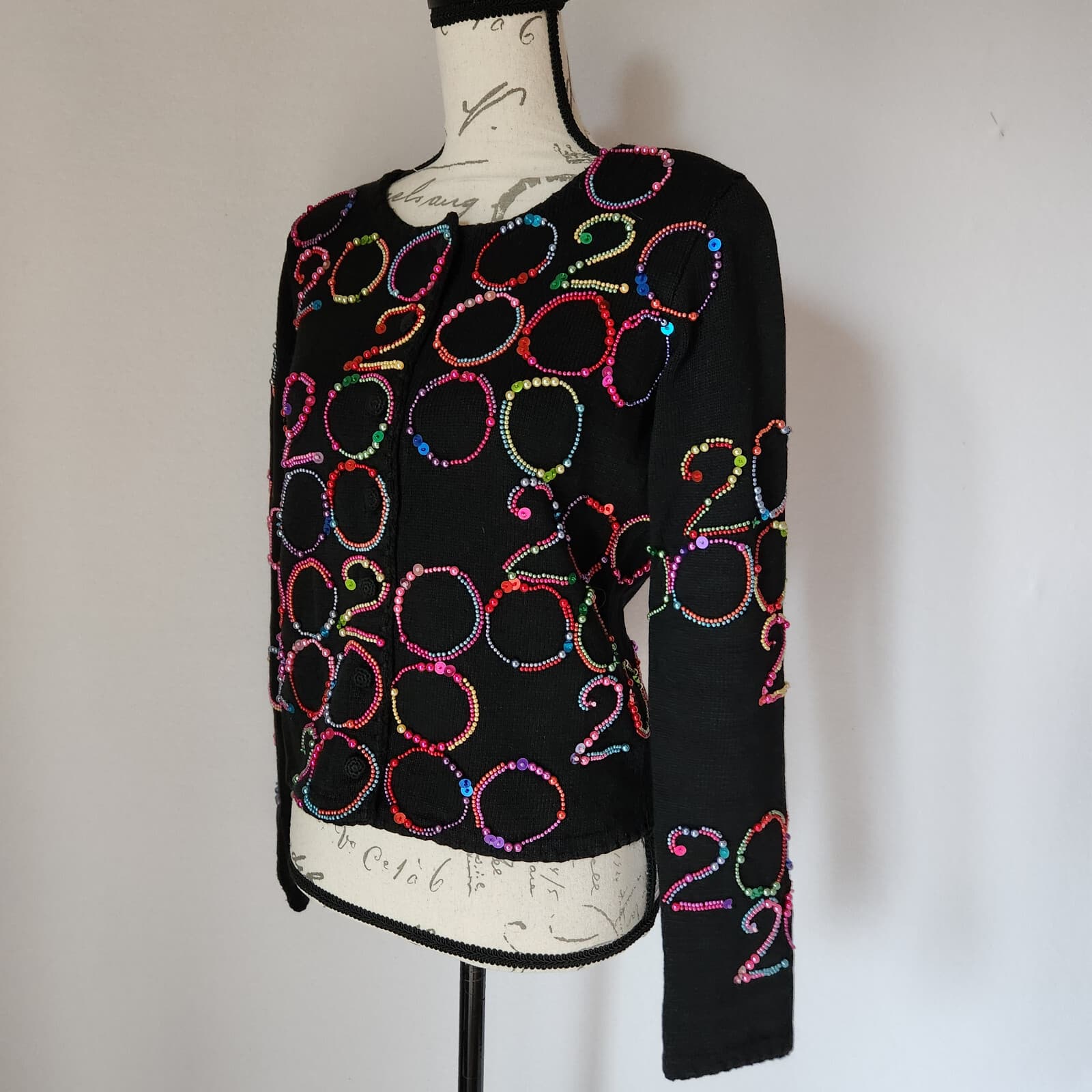 Vintage Y2K 2000 Michael Simon Beaded Cardigan Button Ramie Blend Black Womens S - Thumbnail 3