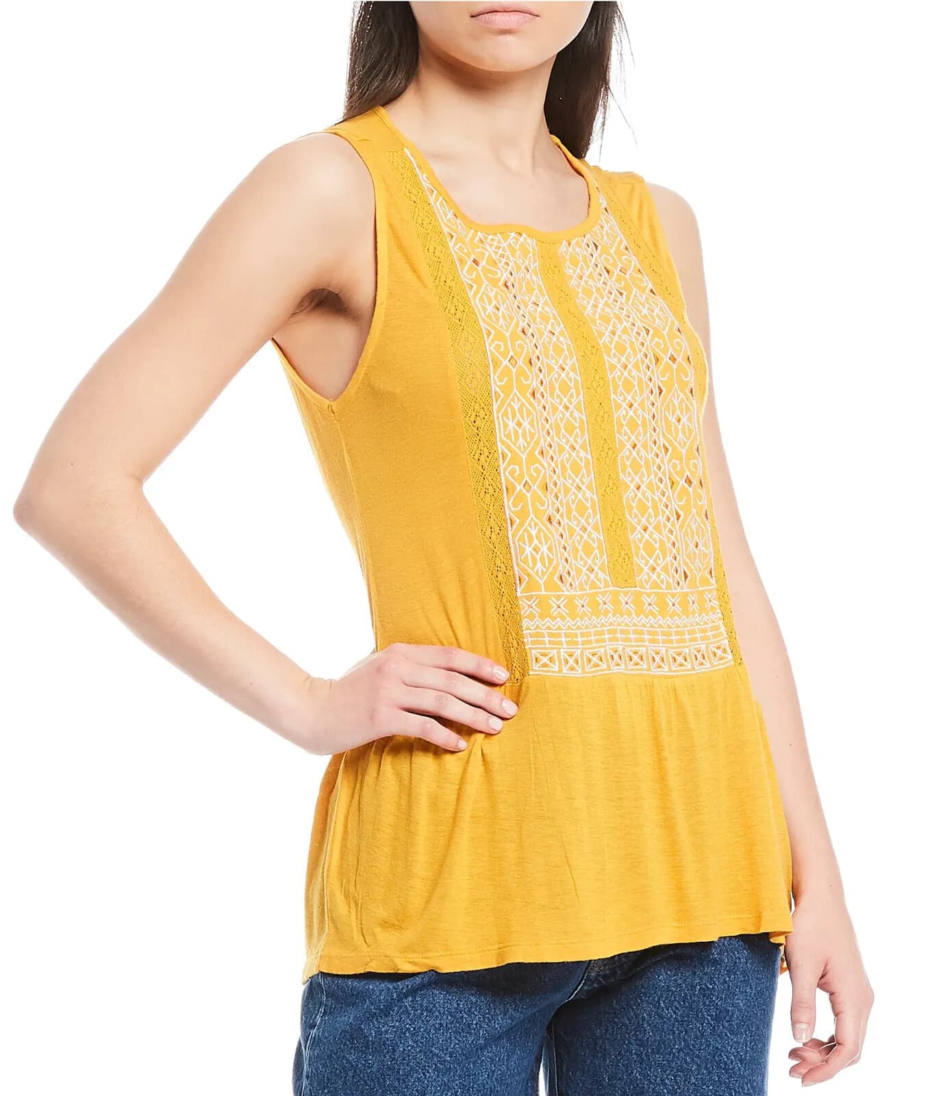 NWT Lucky Brand Embroidered Linen Blend Top Sleeveless Scoop Neck Yellow XL $60 - Thumbnail 5