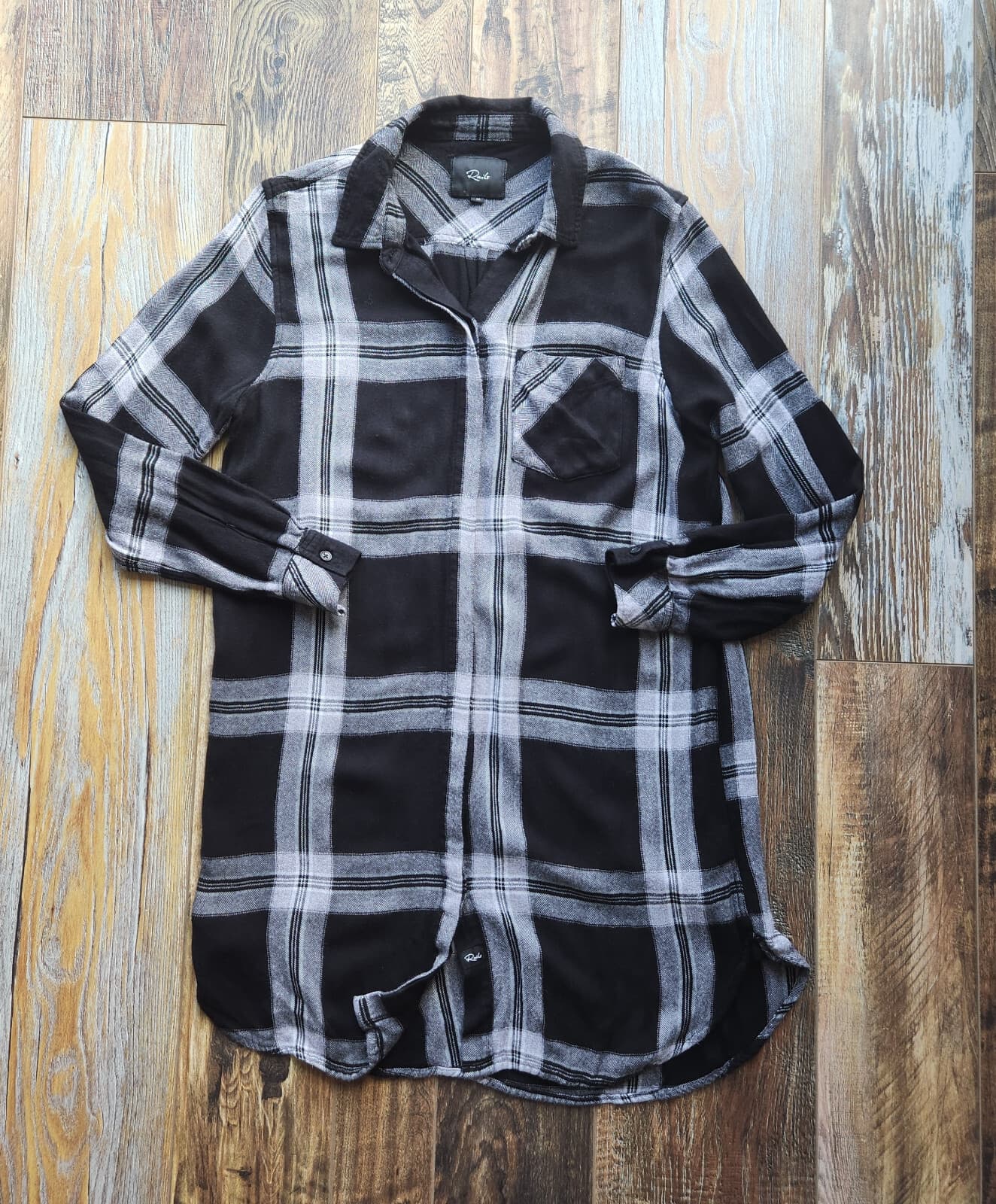 Rails Sawyer Plaid Flannel Mini Shirt Dress Long Sleeve Pocket Black Cinda Sz.M - Thumbnail 5