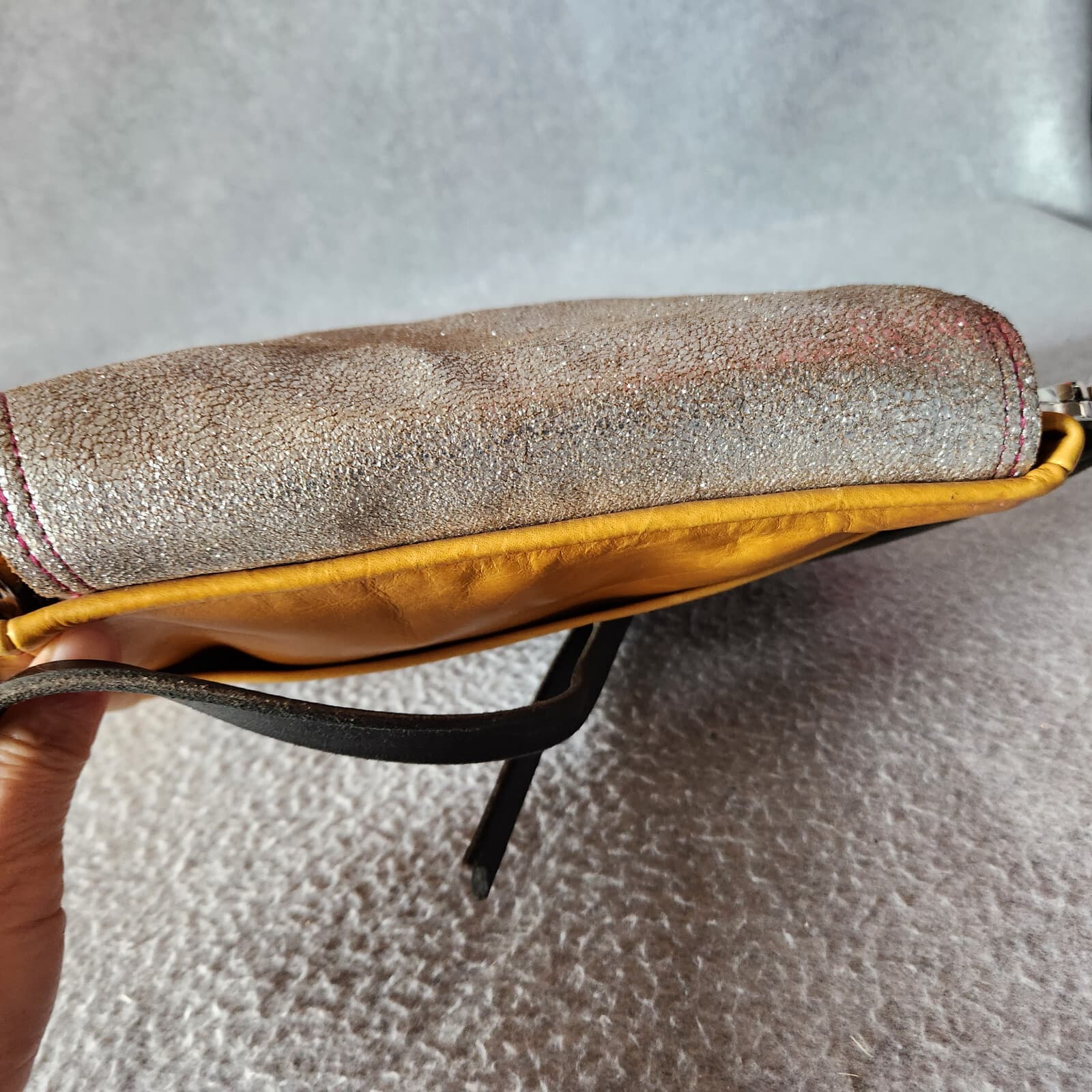 Alexis Drake Mini E Crossbody Bag Leather Silver Glitter Yellow Adjustable Strap - Thumbnail 6