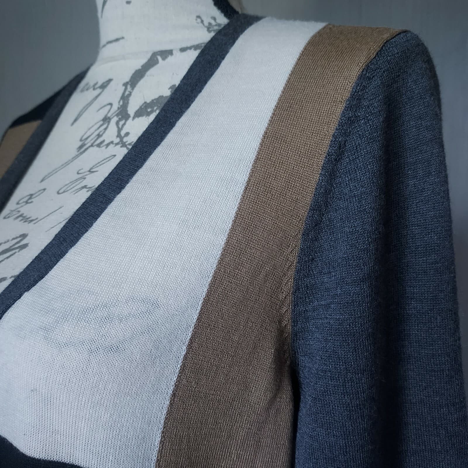 ETCETERA 100% Merino Wool Long Cardigan Button Color Block V-Neck Women Large - Thumbnail 3