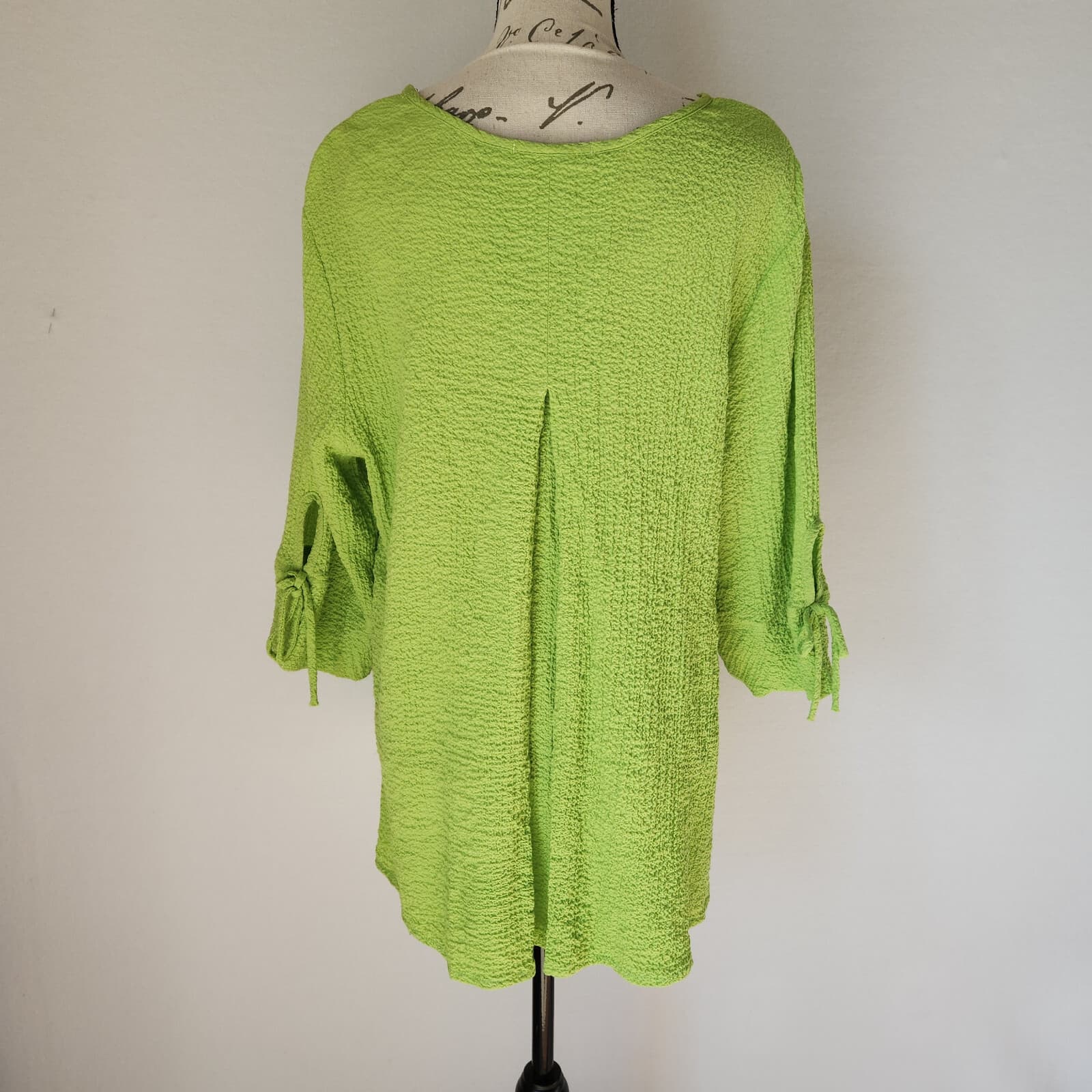 Yushi Lagenlook Stretch Gauze Tunic Blouse 3/4 Sleeve Neon-Green Women Bust 46" - Thumbnail 6