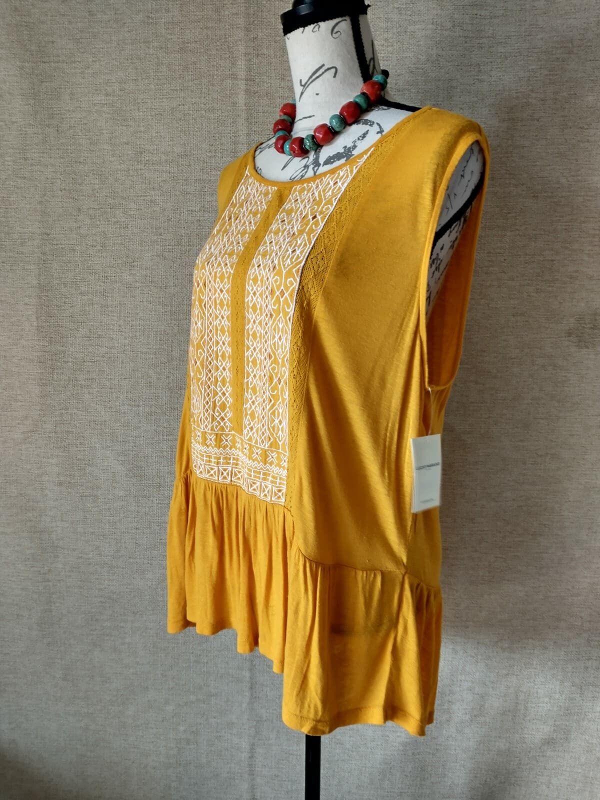 NWT Lucky Brand Embroidered Linen Blend Top Sleeveless Scoop Neck Yellow XL $60 - Thumbnail 2