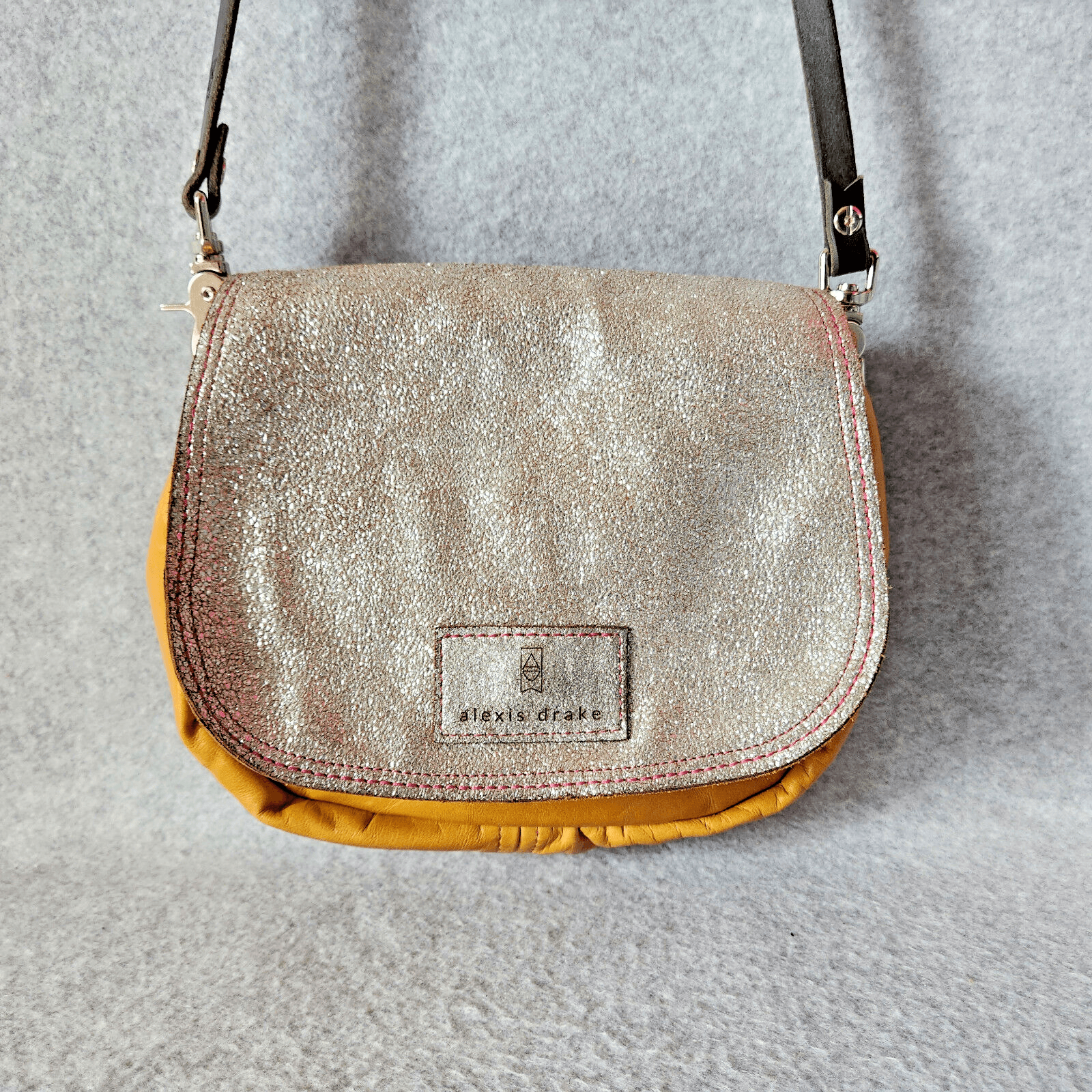 Alexis Drake Mini E Crossbody Bag Leather Silver Glitter Yellow Adjustable Strap - Thumbnail 3