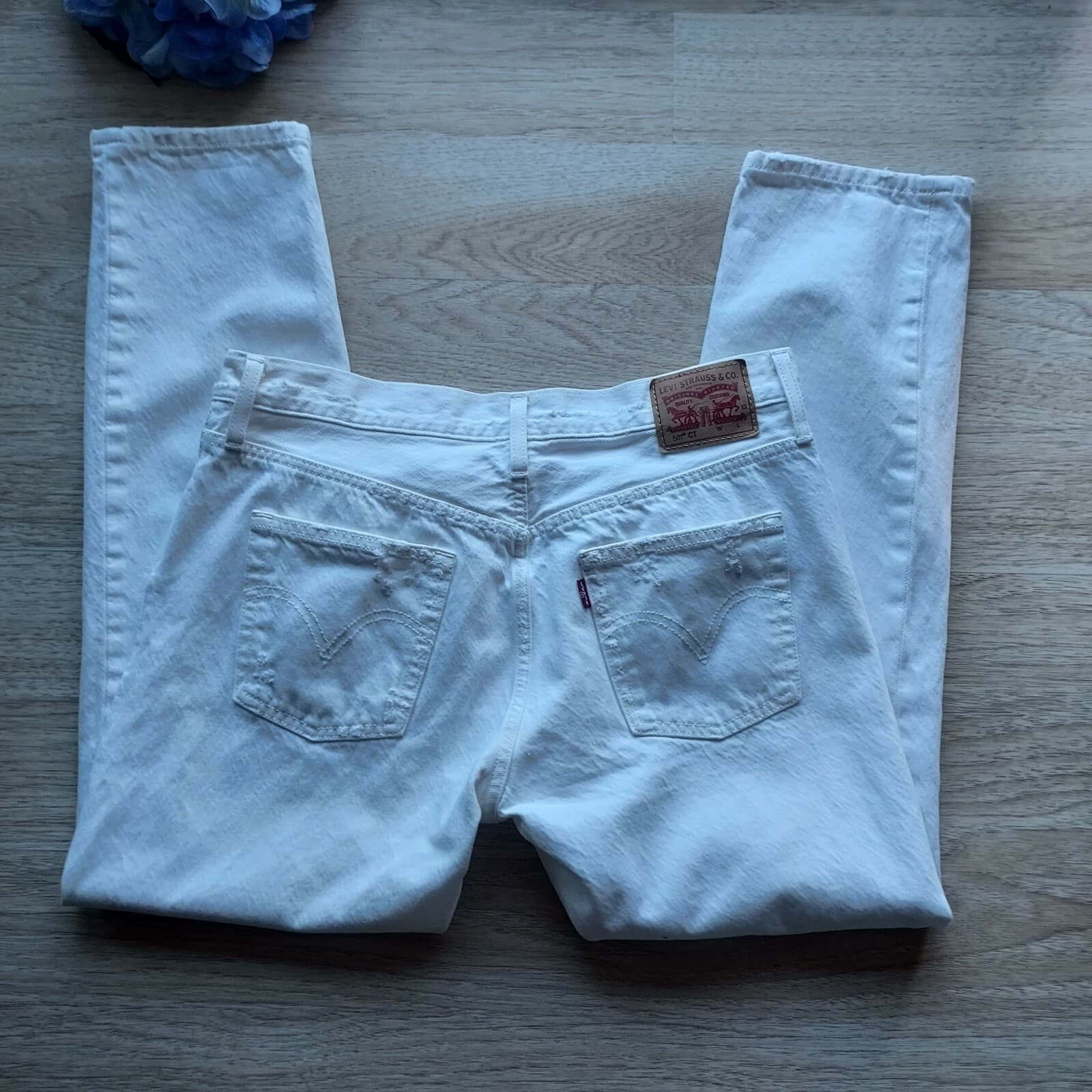 Levi's 501 CT Button Fly Straight Leg White Jeans Distressed Cotton Women 33 - Thumbnail 8