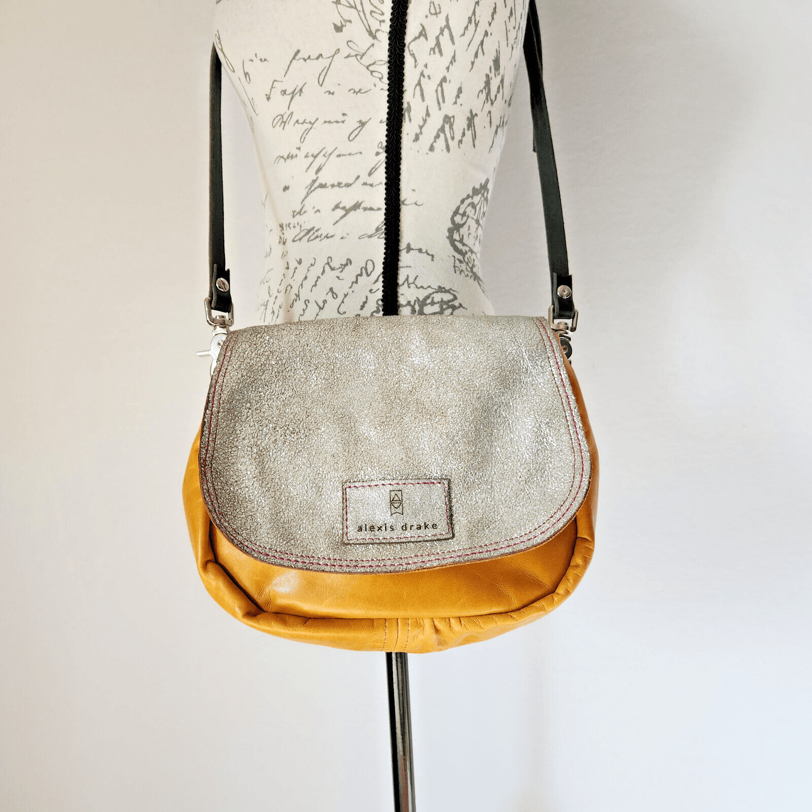 Alexis Drake Mini E Crossbody Bag Leather Silver Glitter Yellow Adjustable Strap - Thumbnail 2