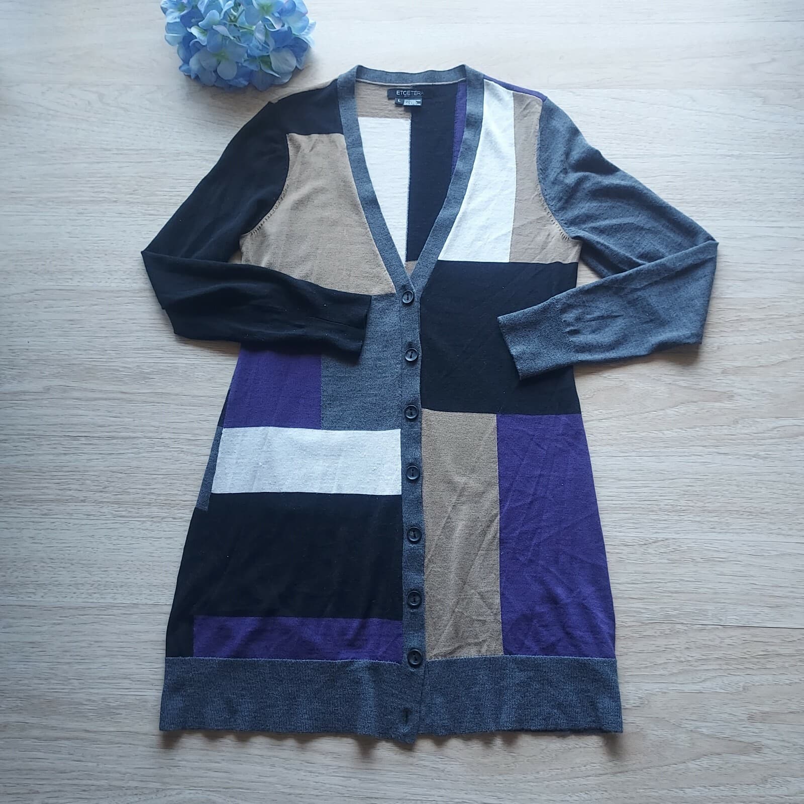 ETCETERA 100% Merino Wool Long Cardigan Button Color Block V-Neck Women Large - Thumbnail 2