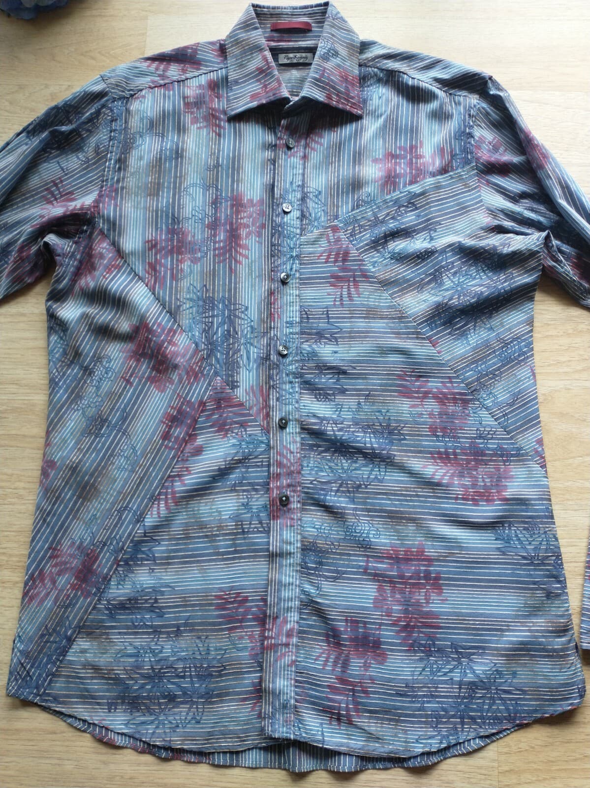 Ryan Kenny Italy Men Dress Shirt Long Sleeve Floral Strip Blue Sz.42 - Thumbnail 2