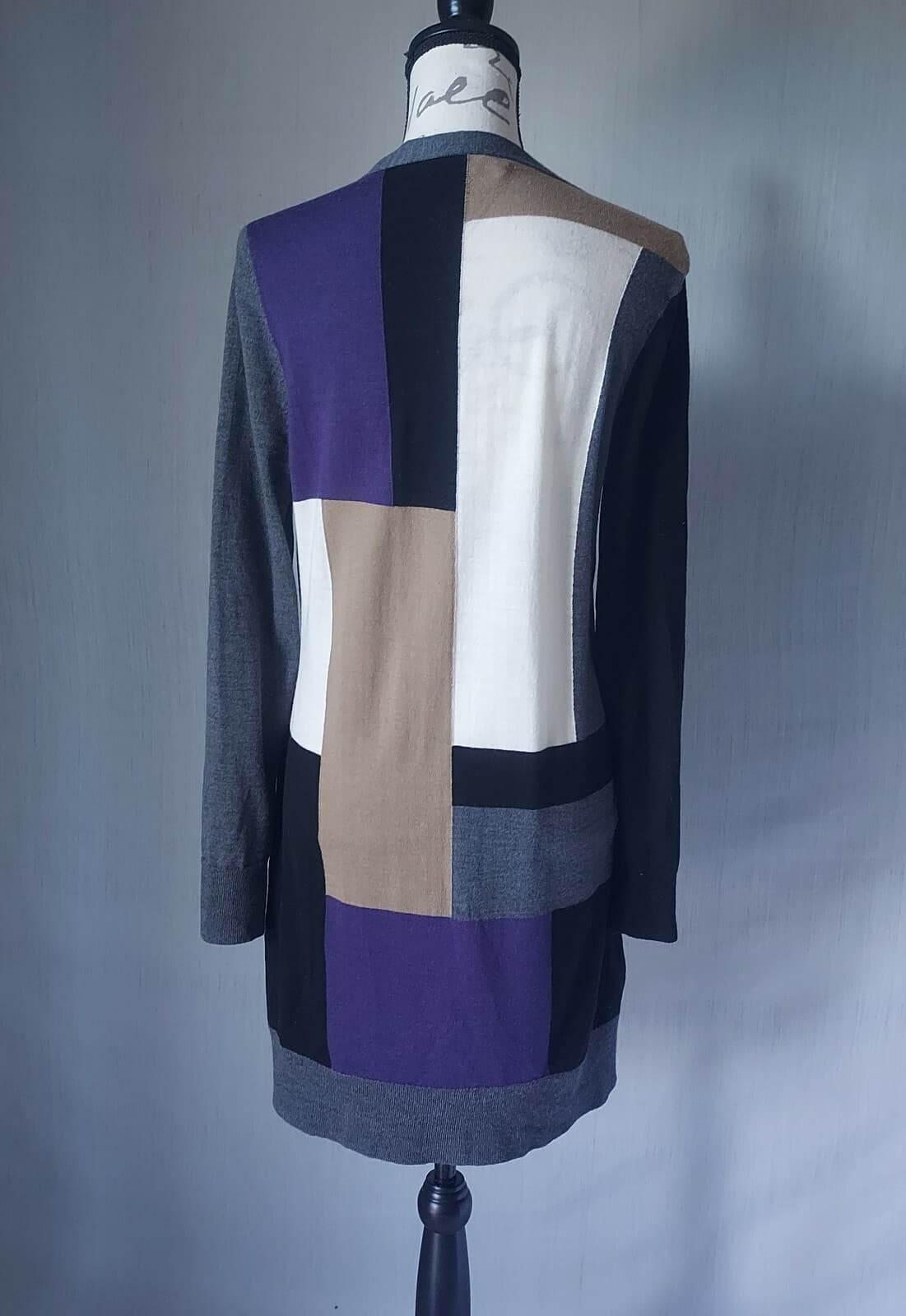 ETCETERA 100% Merino Wool Long Cardigan Button Color Block V-Neck Women Large - Thumbnail 5