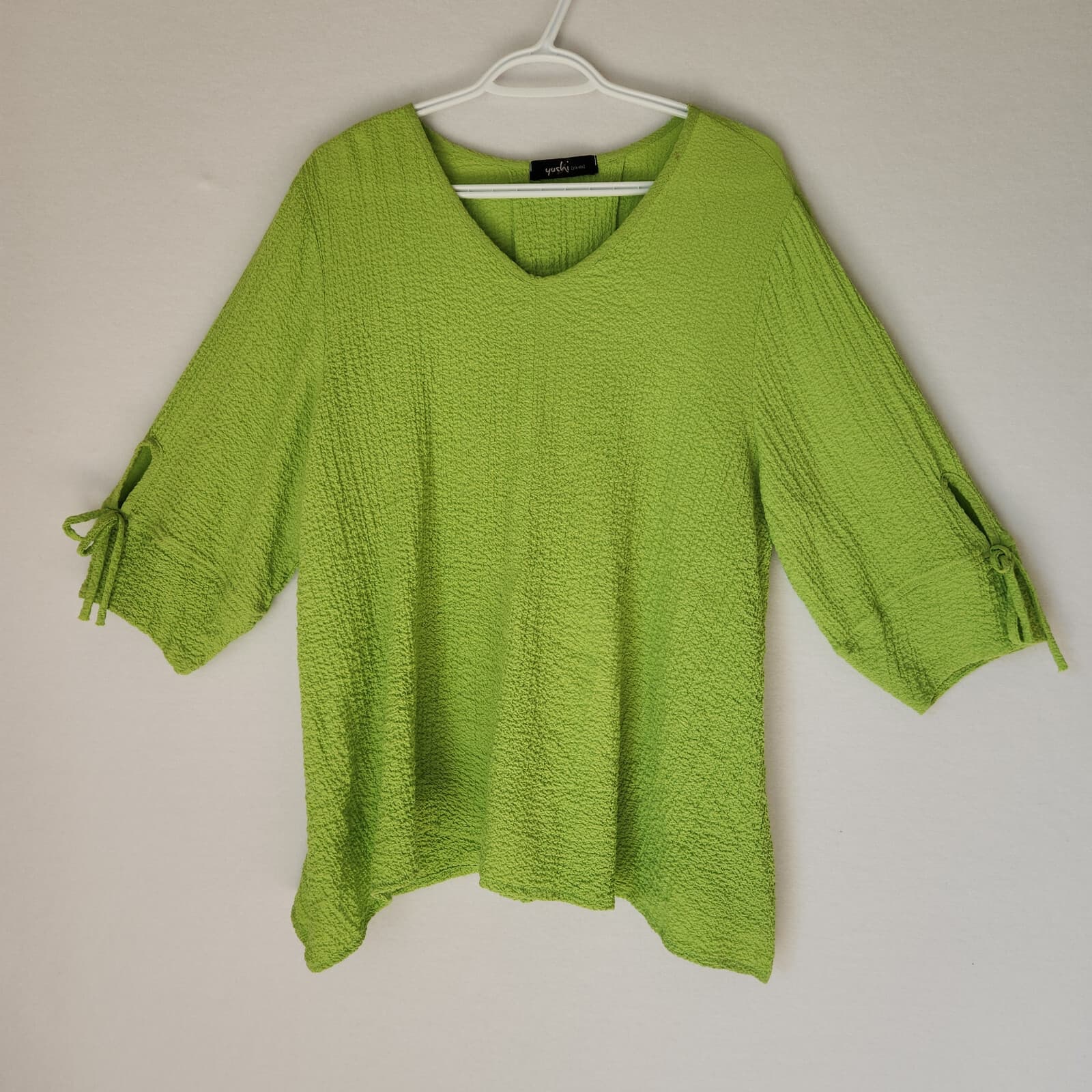 Yushi Lagenlook Stretch Gauze Tunic Blouse 3/4 Sleeve Neon-Green Women Bust 46" - Thumbnail 3