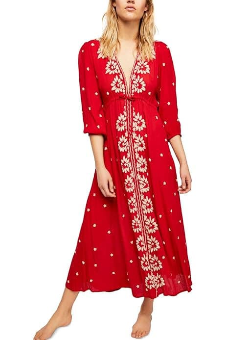 Free People Embroidered Fable Boho Midi Dress 3/4 Sleeve Gauze Red White Sz.S - Thumbnail 4