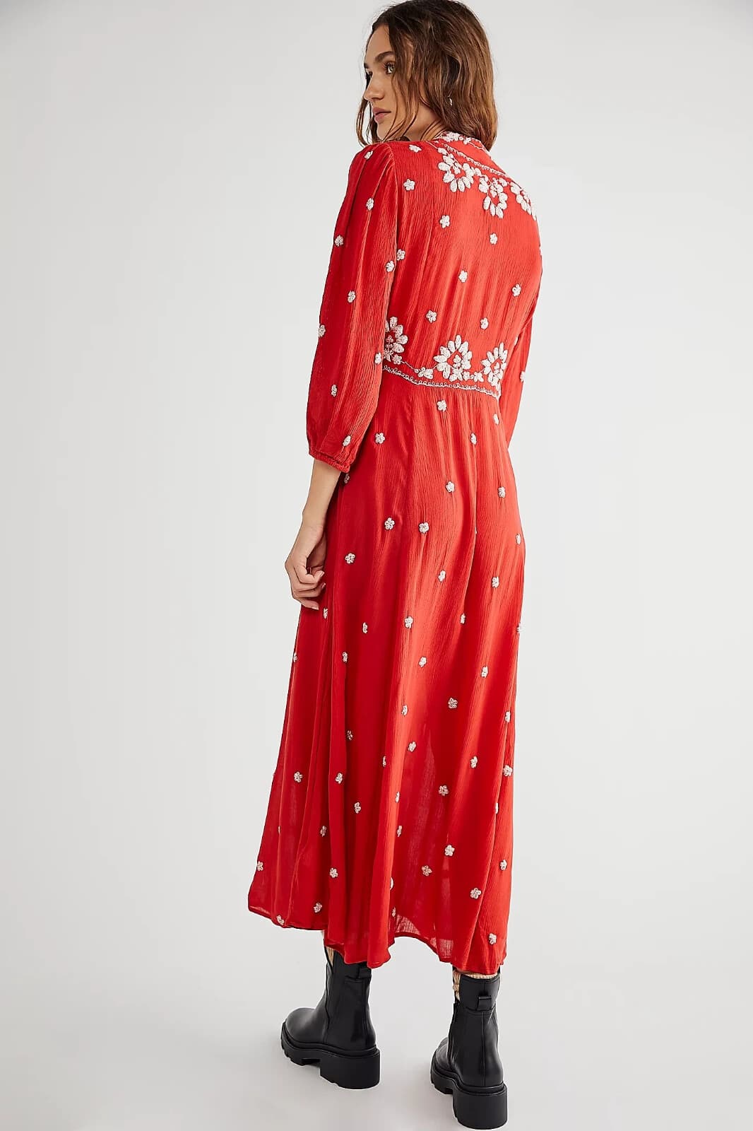 Free People Embroidered Fable Boho Midi Dress 3/4 Sleeve Gauze Red White Sz.S - Thumbnail 11