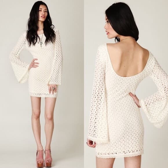 Free People Ivory Lace Crochet Gypsy Mini Dress Scoop-Back Long Bell Sleeve Sz.L - Thumbnail 2
