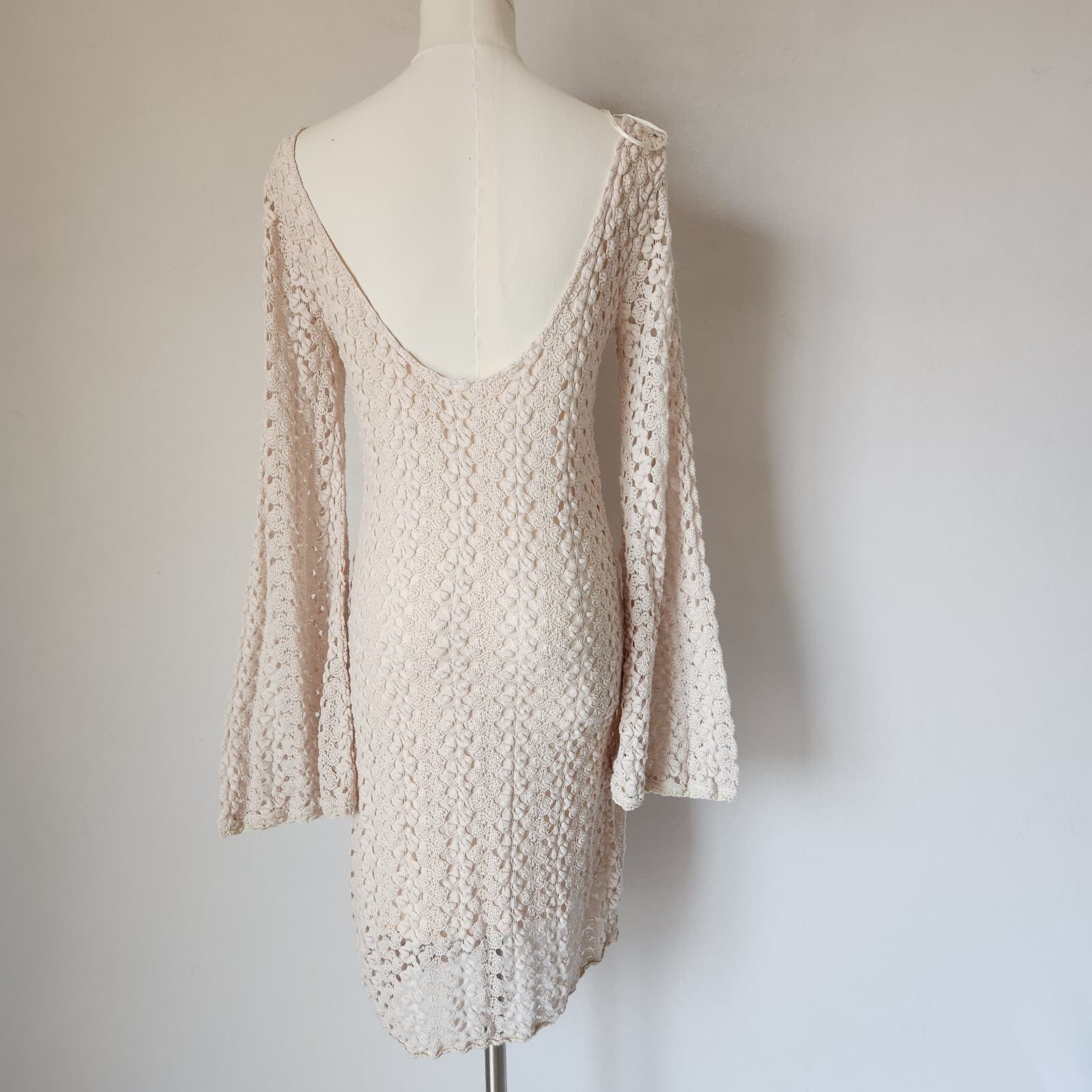 Free People Ivory Lace Crochet Gypsy Mini Dress Scoop-Back Long Bell Sleeve Sz.L - Thumbnail 6