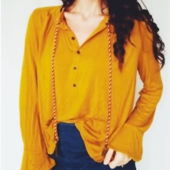 Akemi + Kin Anthropologie Goldie Tunic Top Tassel Long Sleeve Mustard Women Sz.M - Thumbnail 4