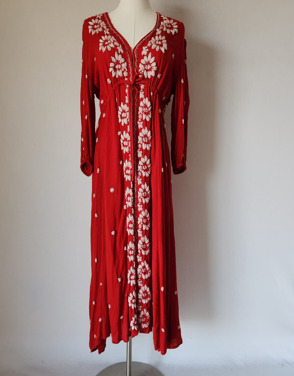 Free People Embroidered Fable Boho Midi Dress 3/4 Sleeve Gauze Red White Sz.S - Thumbnail 3