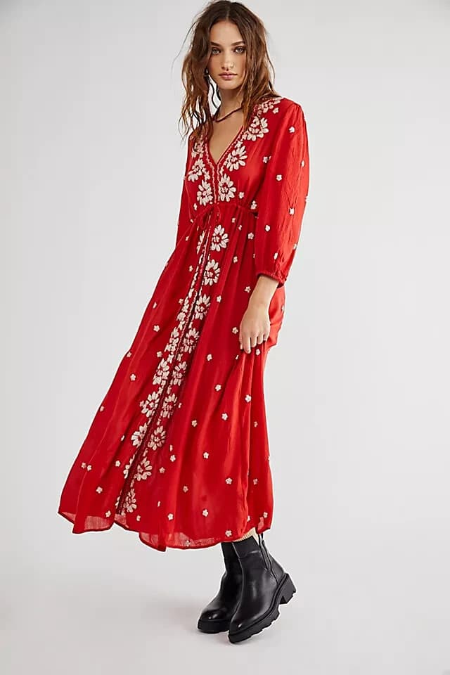 Free People Embroidered Fable Boho Midi Dress 3/4 Sleeve Gauze Red White Sz.S - Thumbnail 2