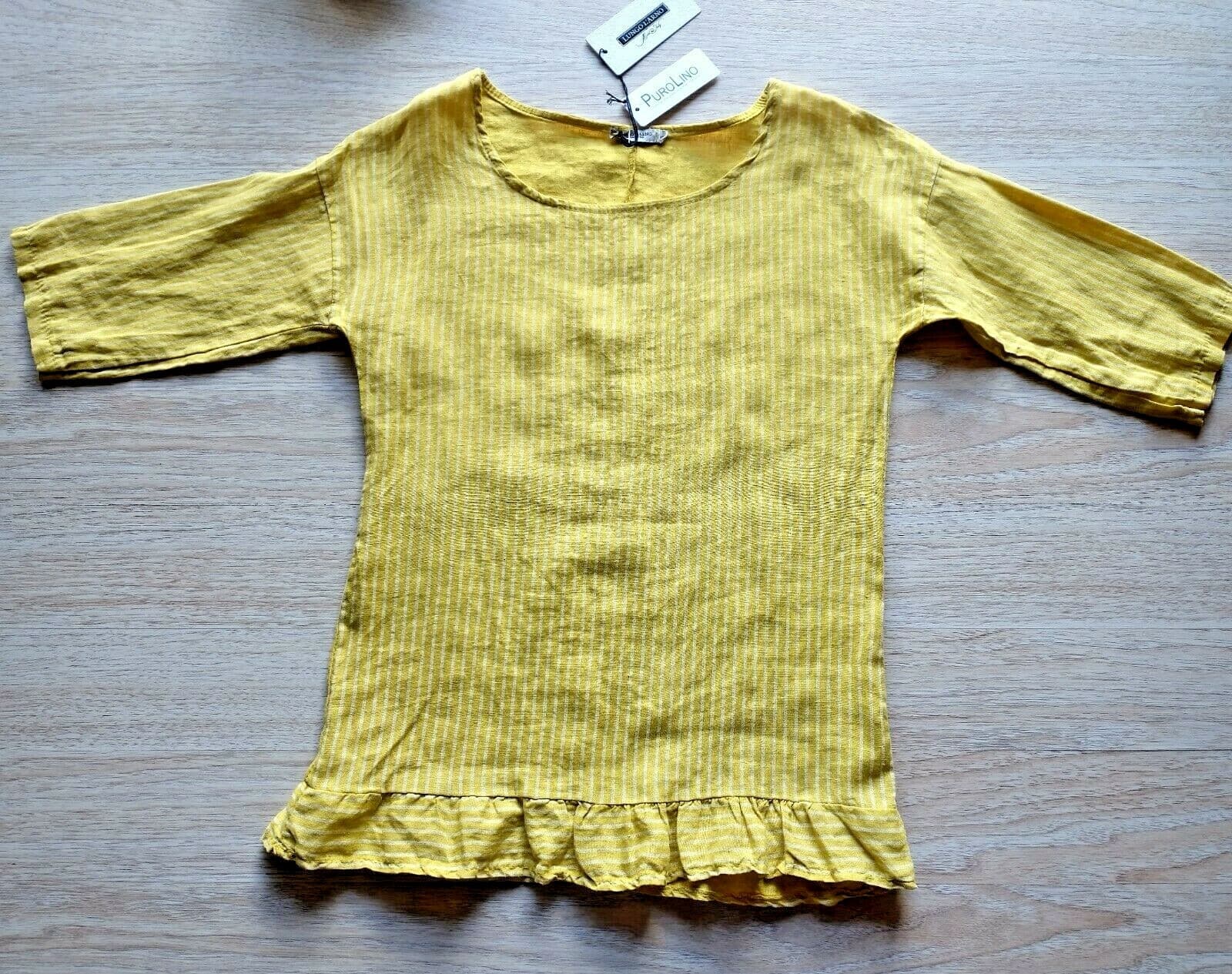 NWT LUNGO L'ARNO Italy 100%Linen Top Blouse 3/4 Sleeve Mustards Strip Women Sz.S - Thumbnail 4