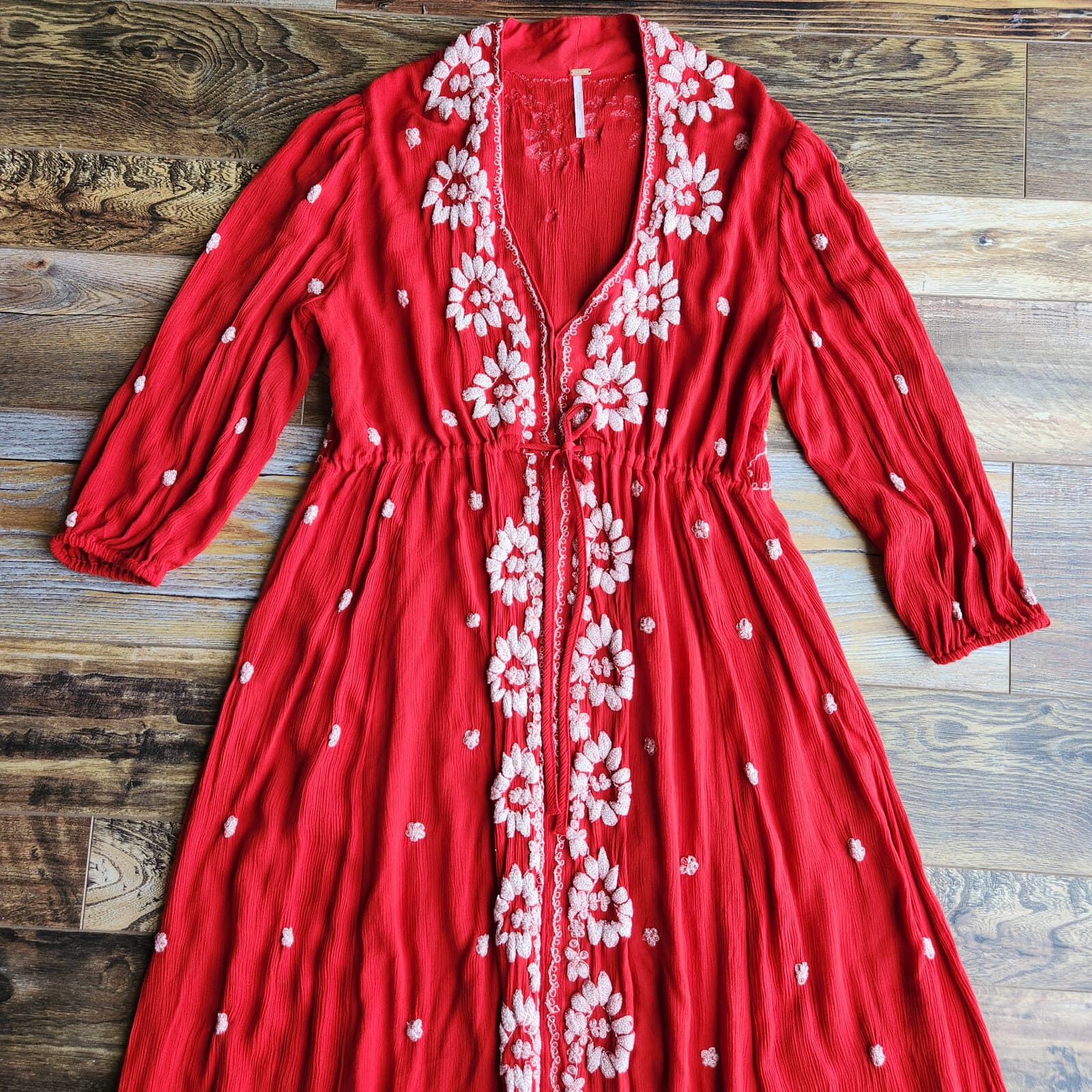 Free People Embroidered Fable Boho Midi Dress 3/4 Sleeve Gauze Red White Sz.S - Thumbnail 14
