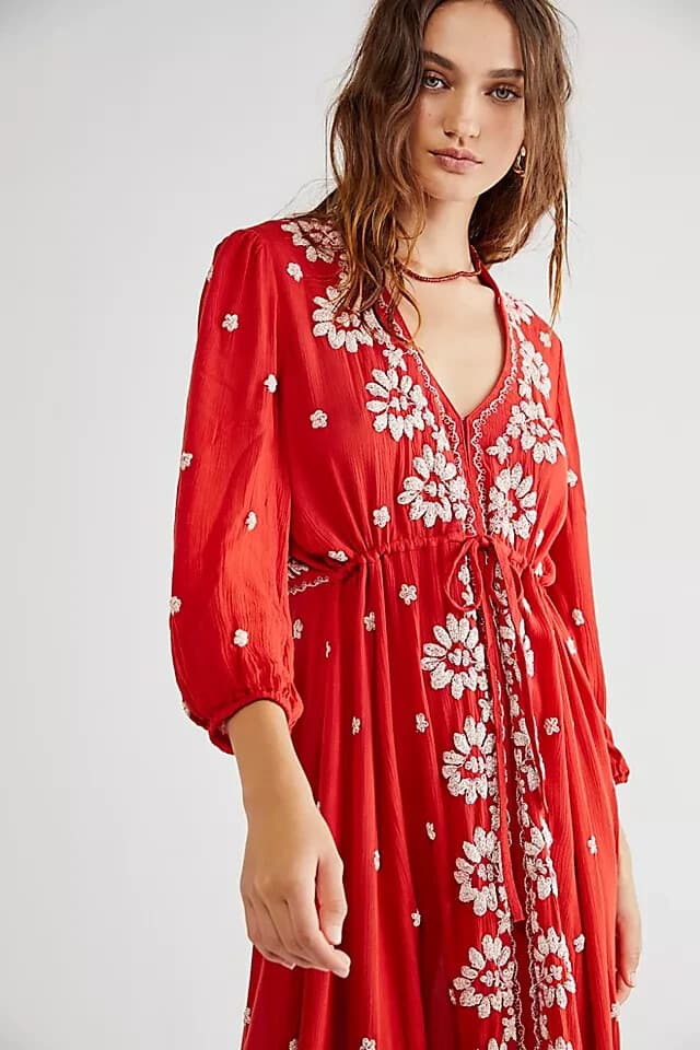 Free People Embroidered Fable Boho Midi Dress 3/4 Sleeve Gauze Red White Sz.S - Thumbnail 6