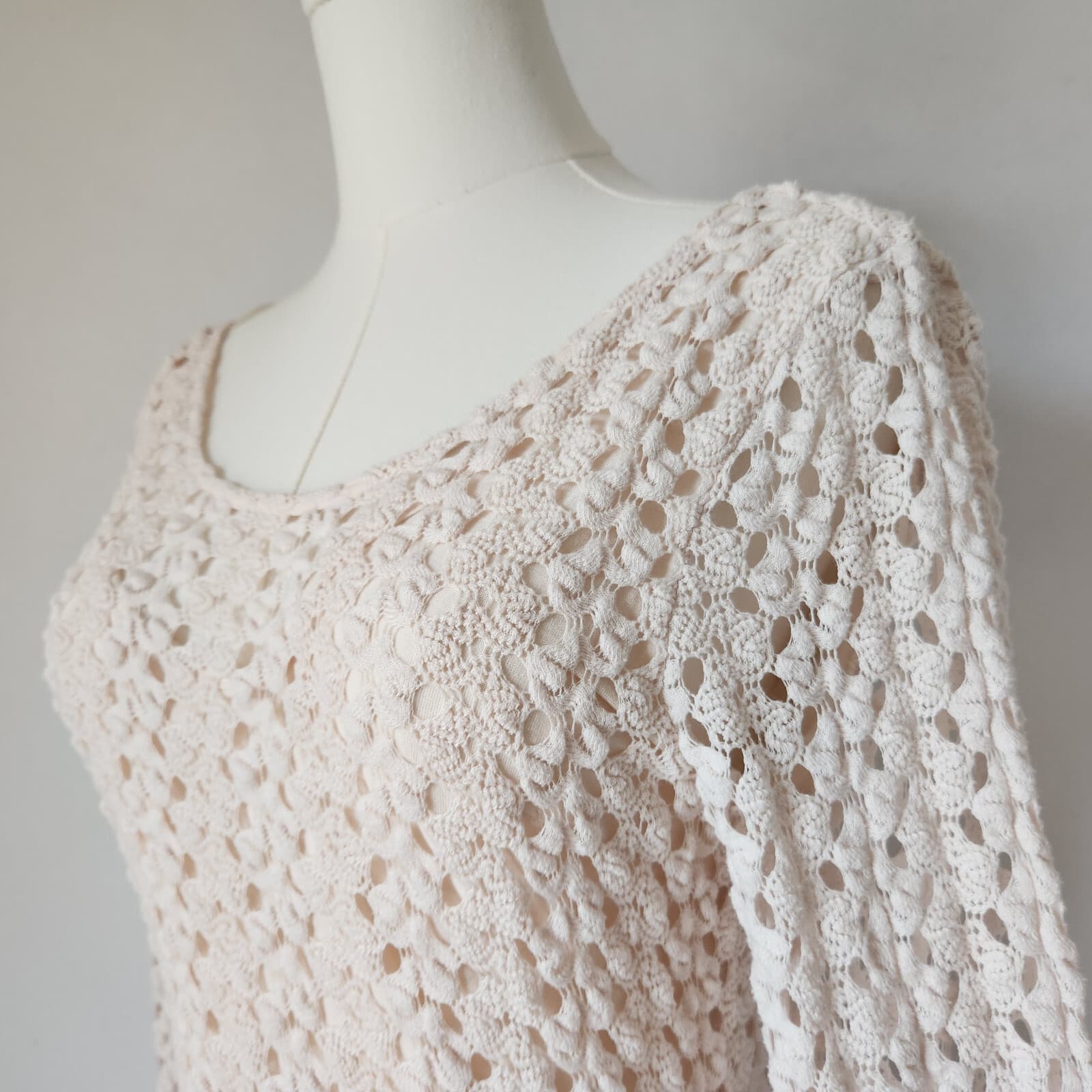 Free People Ivory Lace Crochet Gypsy Mini Dress Scoop-Back Long Bell Sleeve Sz.L - Thumbnail 4
