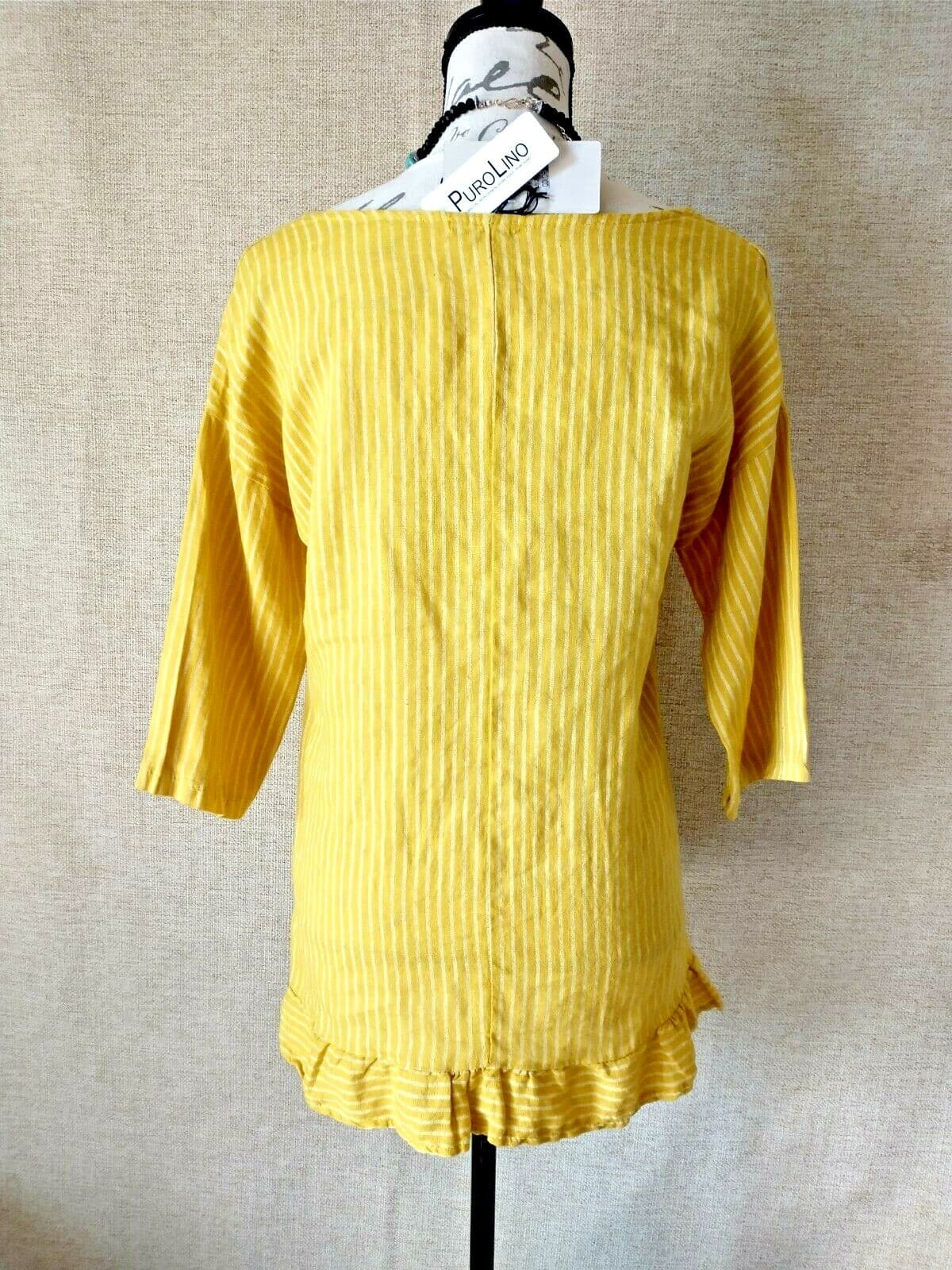 NWT LUNGO L'ARNO Italy 100%Linen Top Blouse 3/4 Sleeve Mustards Strip Women Sz.S - Thumbnail 3