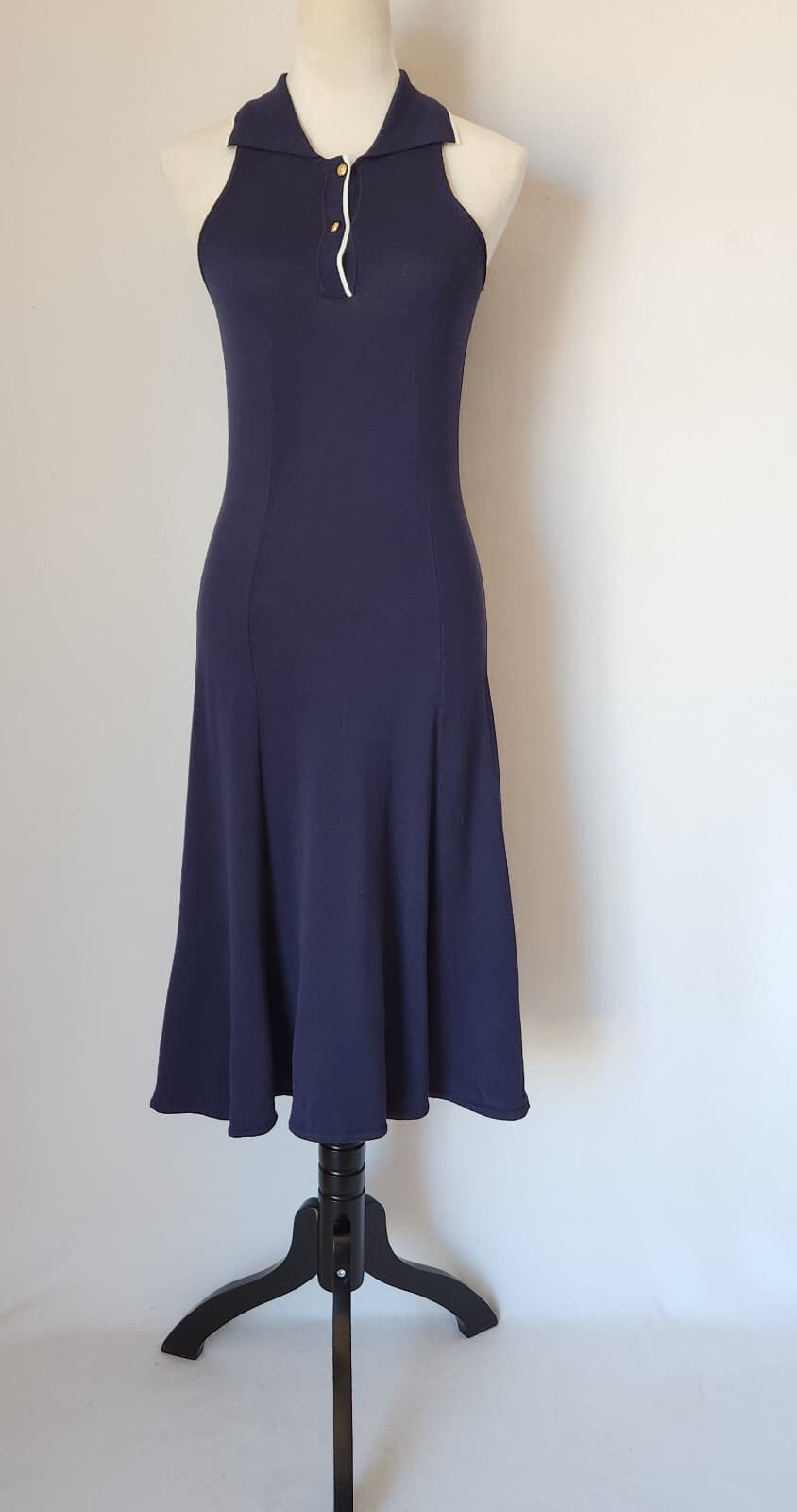 NWT Bloomingdale's Midi A-Line Polo-Dress Sleeveless Stretch Knit Navy Womens PS