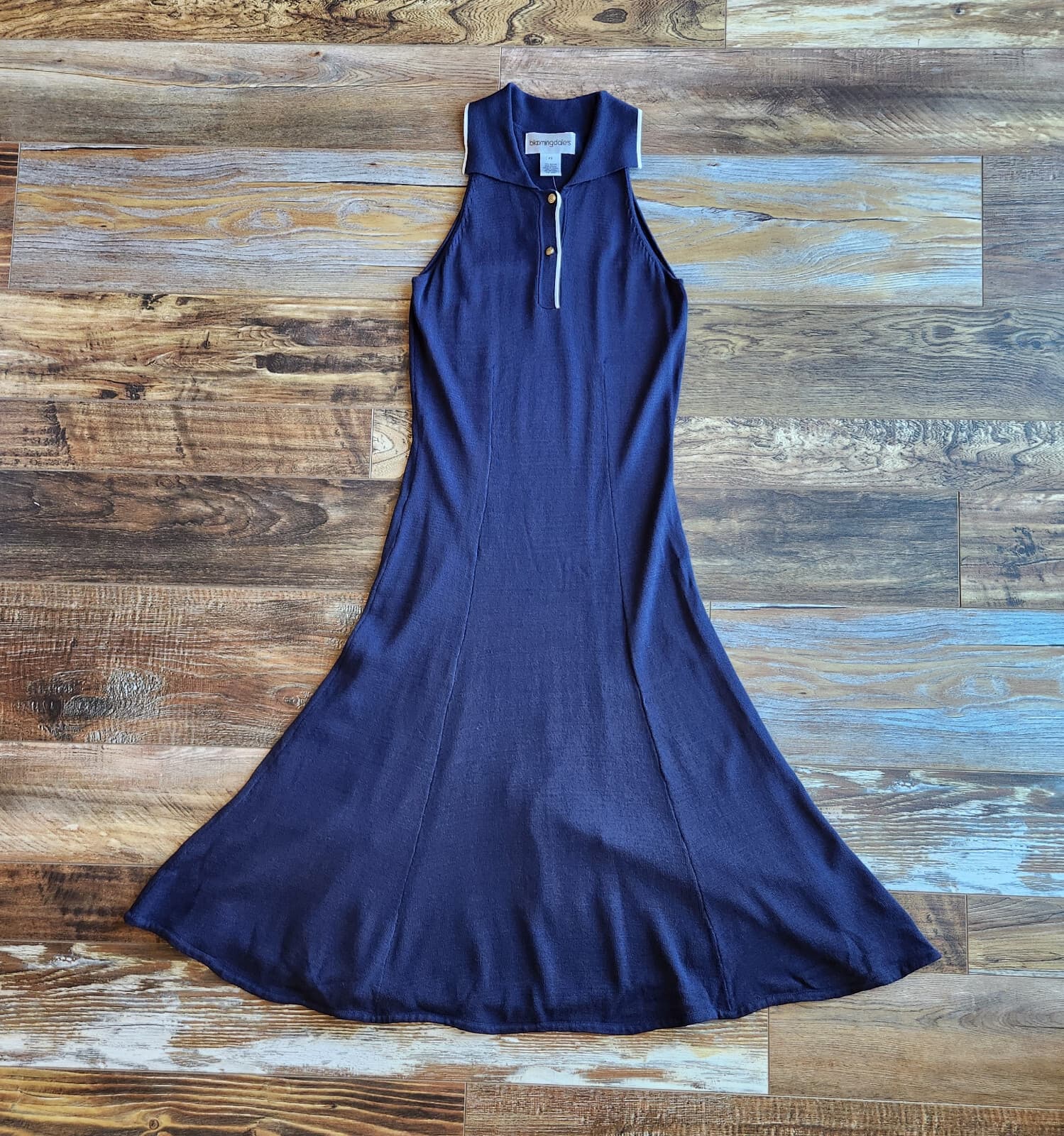 NWT Bloomingdale's Midi A-Line Polo-Dress Sleeveless Stretch Knit Navy Womens PS - Thumbnail 4