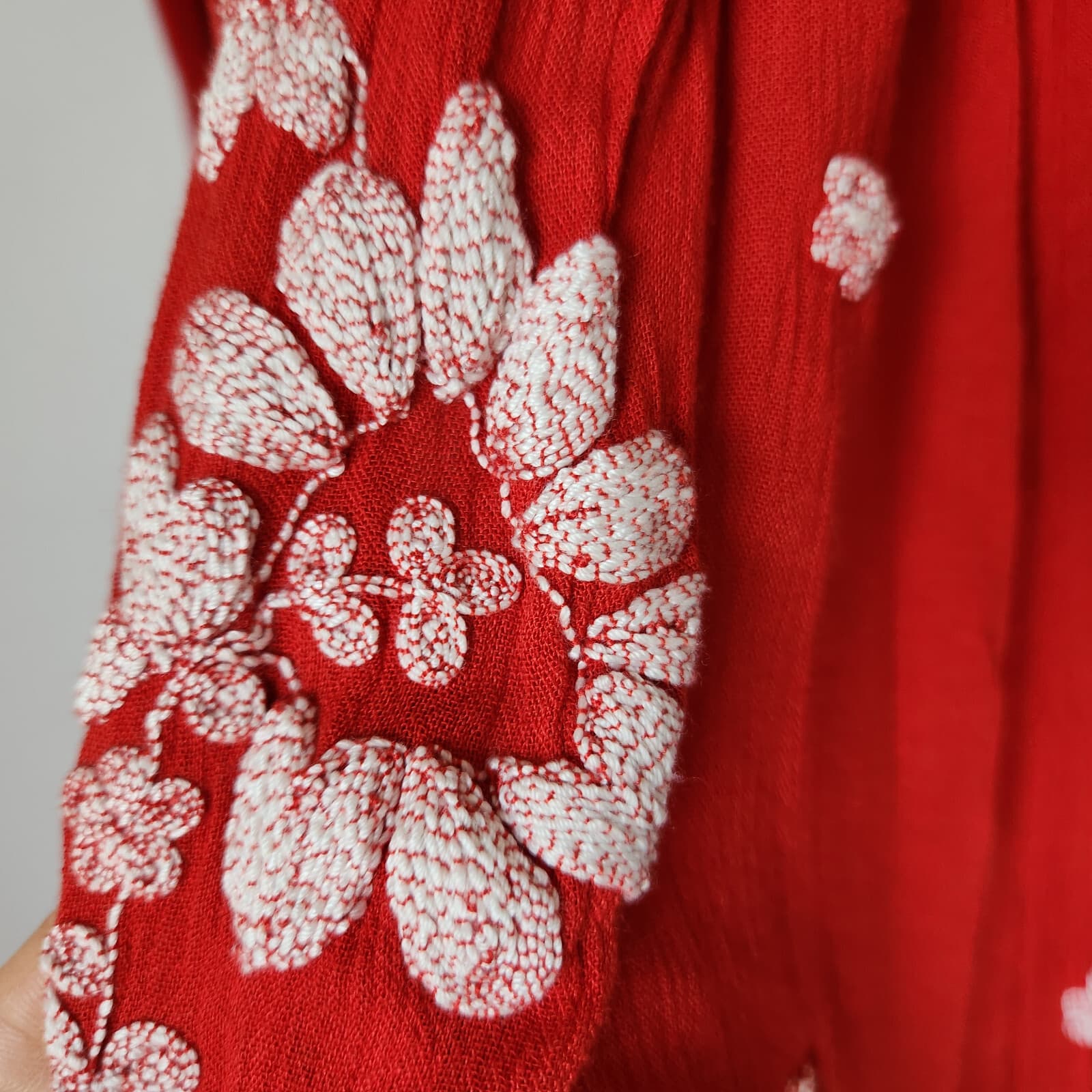 Free People Embroidered Fable Boho Midi Dress 3/4 Sleeve Gauze Red White Sz.S - Thumbnail 7