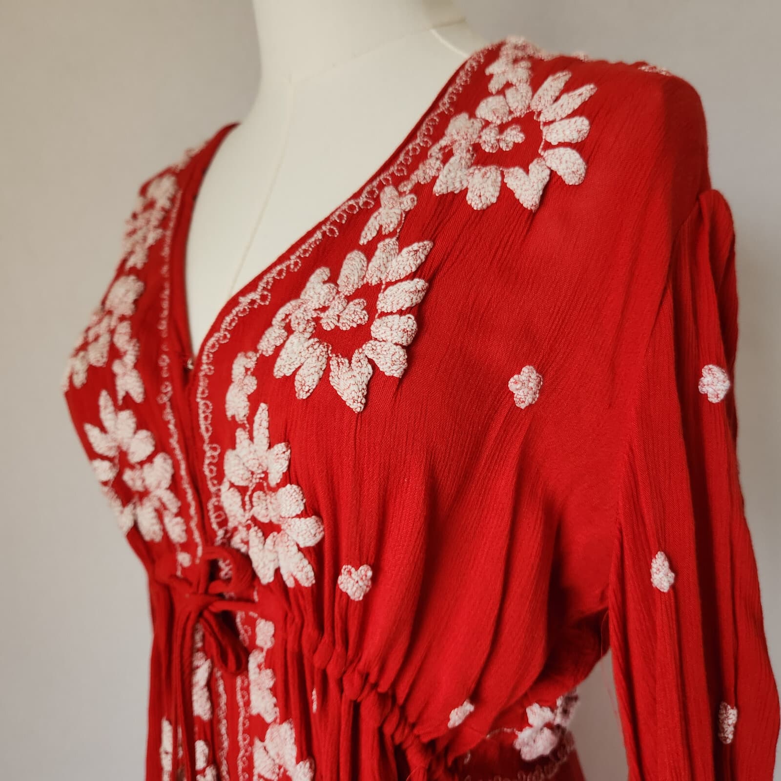 Free People Embroidered Fable Boho Midi Dress 3/4 Sleeve Gauze Red White Sz.S - Thumbnail 9