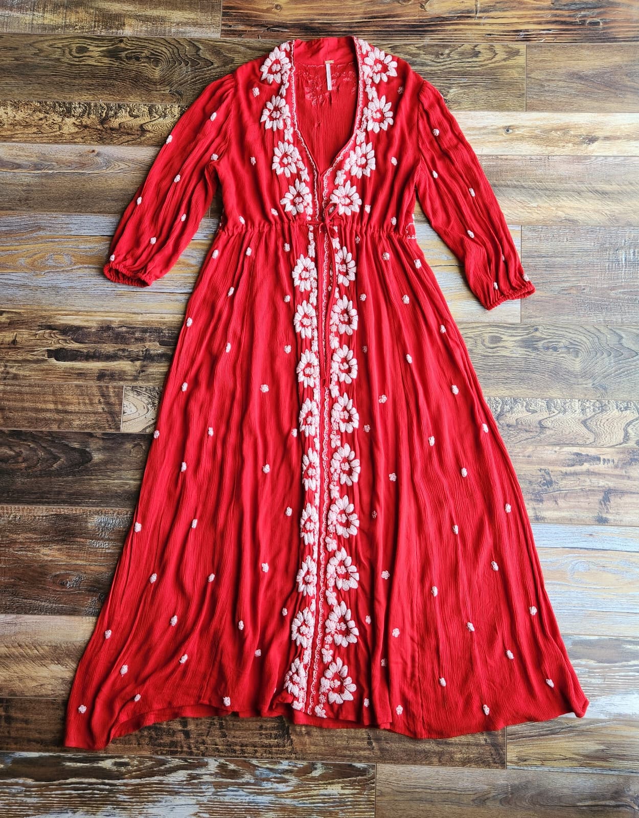 Free People Embroidered Fable Boho Midi Dress 3/4 Sleeve Gauze Red White Sz.S - Thumbnail 12