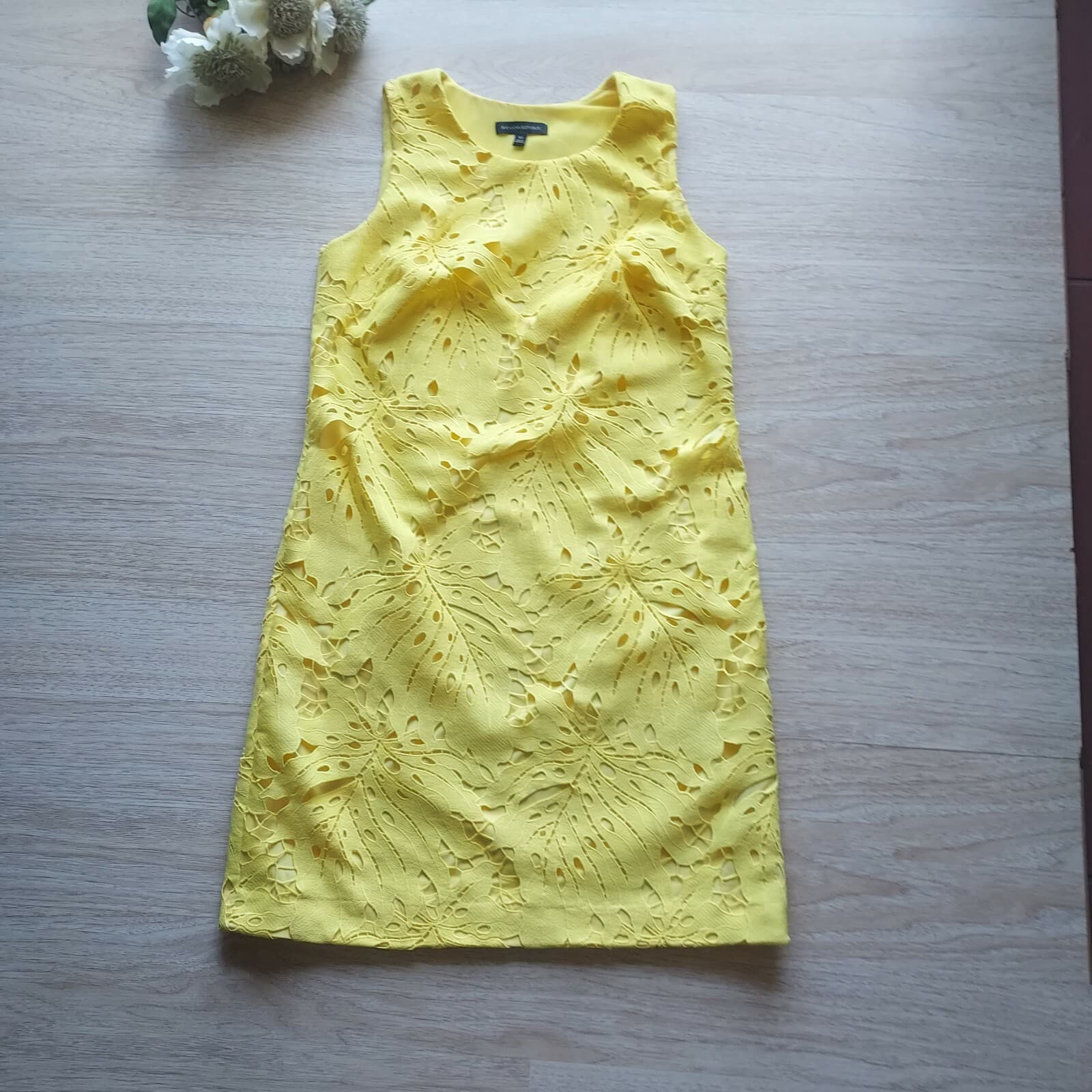 Banana Republic Leaf Lace Mini Tunic Sheath Dress Sleeveless Lined Yellow Sz.10 - Thumbnail 7