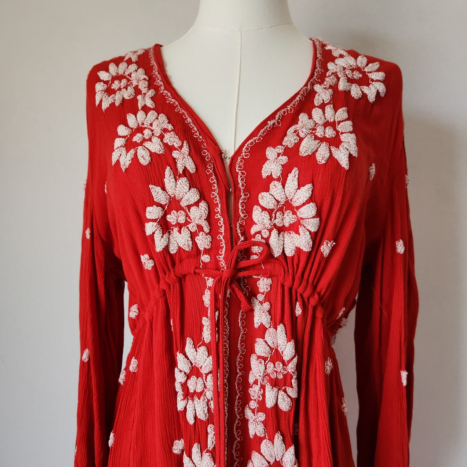 Free People Embroidered Fable Boho Midi Dress 3/4 Sleeve Gauze Red White Sz.S - Thumbnail 5