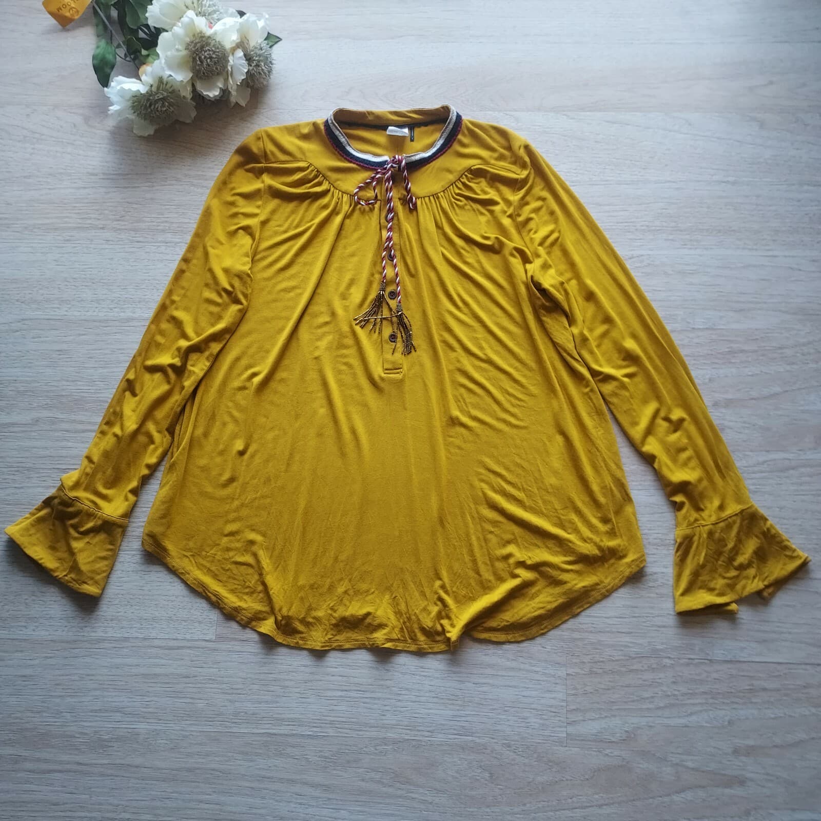 Akemi + Kin Anthropologie Goldie Tunic Top Tassel Long Sleeve Mustard Women Sz.M - Thumbnail 8