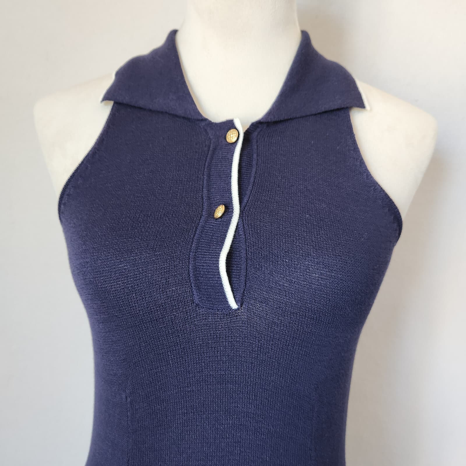 NWT Bloomingdale's Midi A-Line Polo-Dress Sleeveless Stretch Knit Navy Womens PS - Thumbnail 3