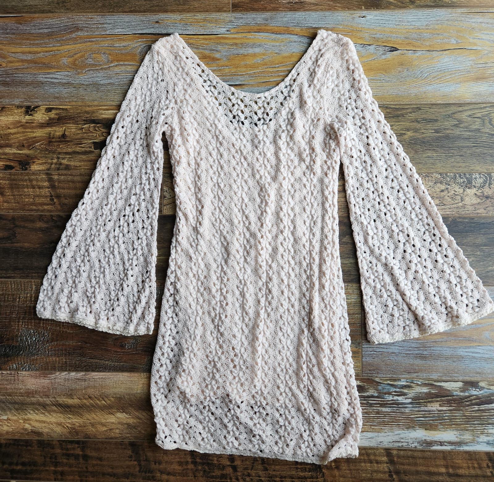 Free People Ivory Lace Crochet Gypsy Mini Dress Scoop-Back Long Bell Sleeve Sz.L - Thumbnail 7