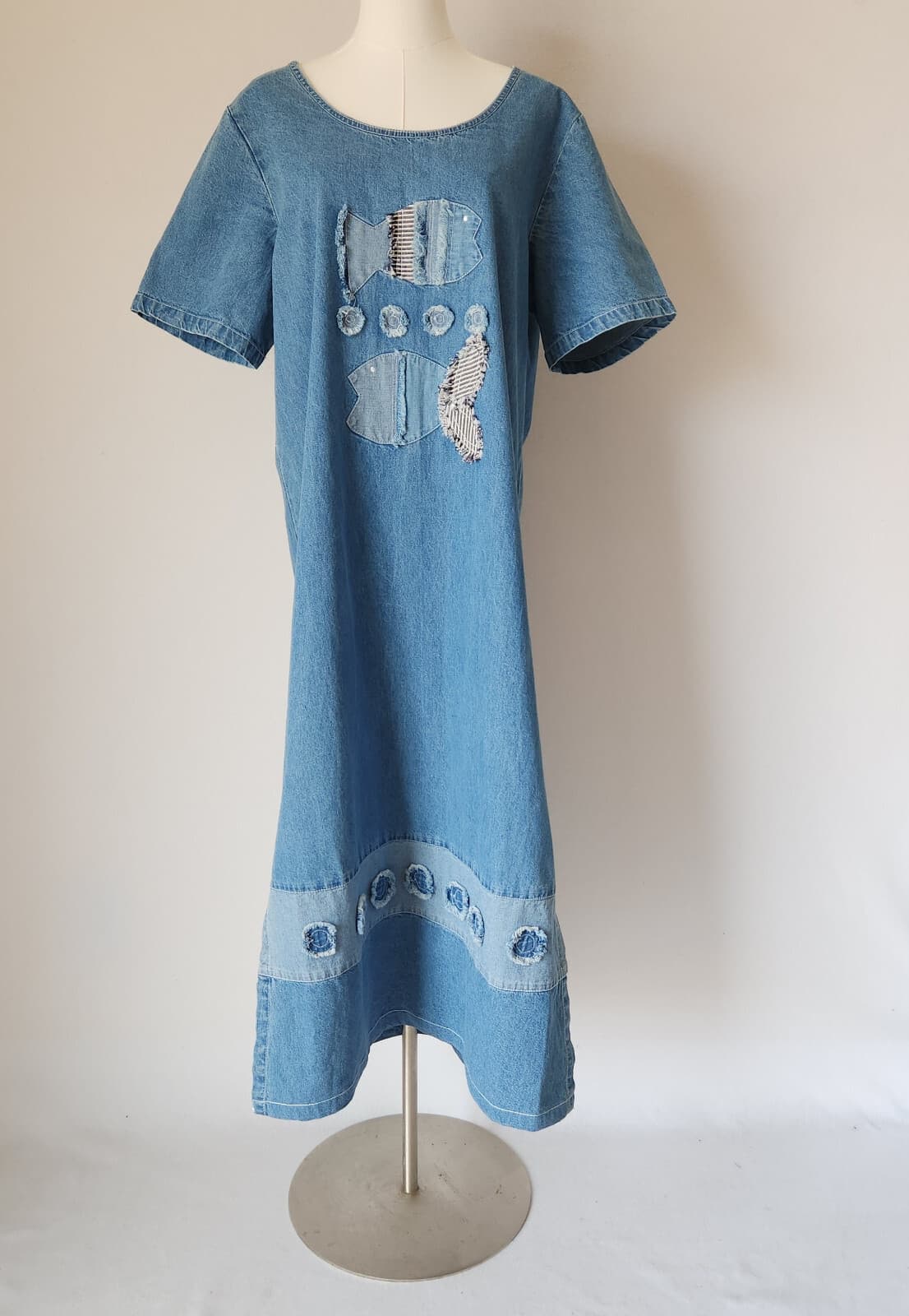 Vintage Draper's & Damon's Fish Appliqué Denim Midi Dress Short Sleeve Cotton L
