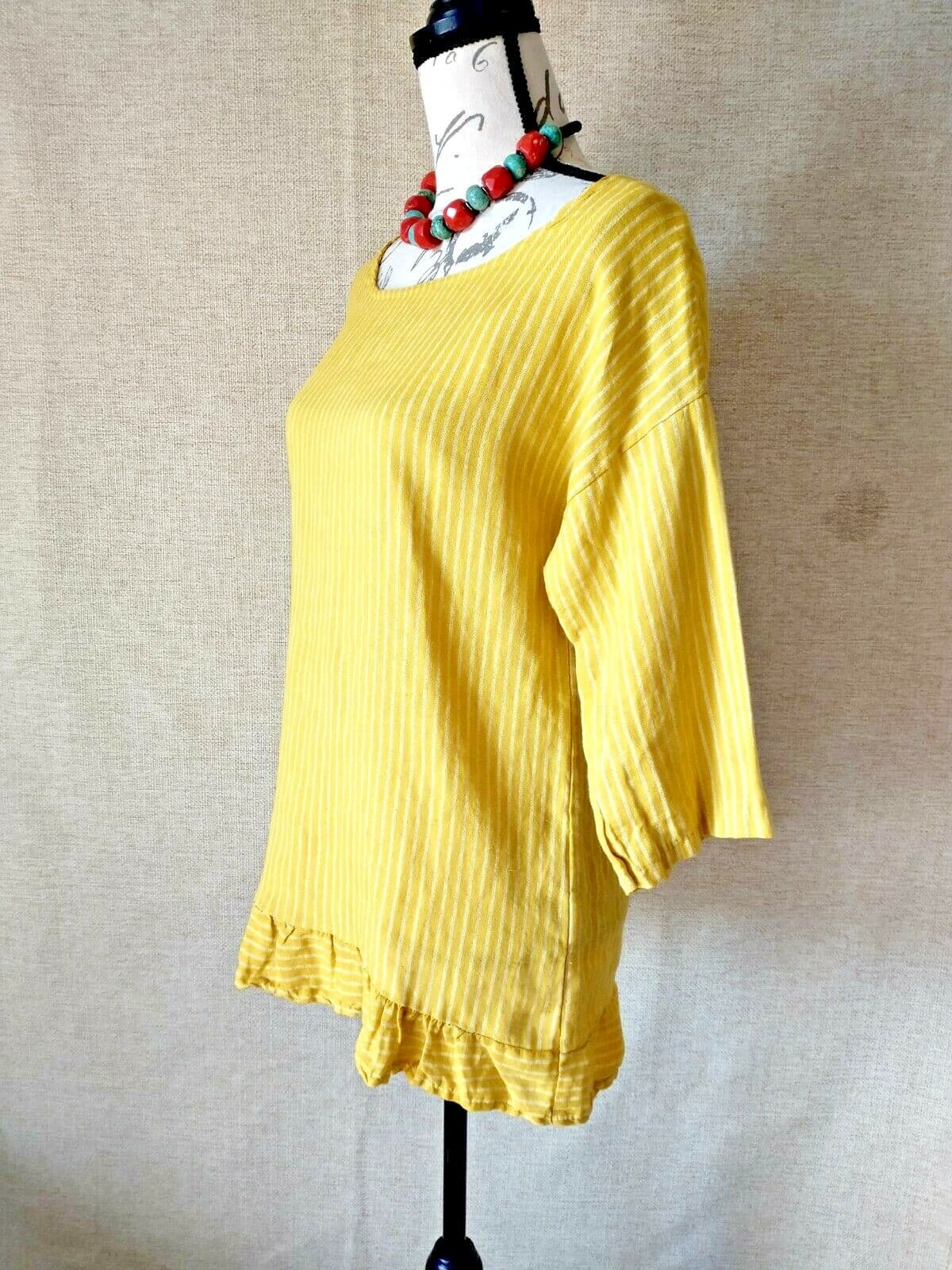 NWT LUNGO L'ARNO Italy 100%Linen Top Blouse 3/4 Sleeve Mustards Strip Women Sz.S - Thumbnail 2