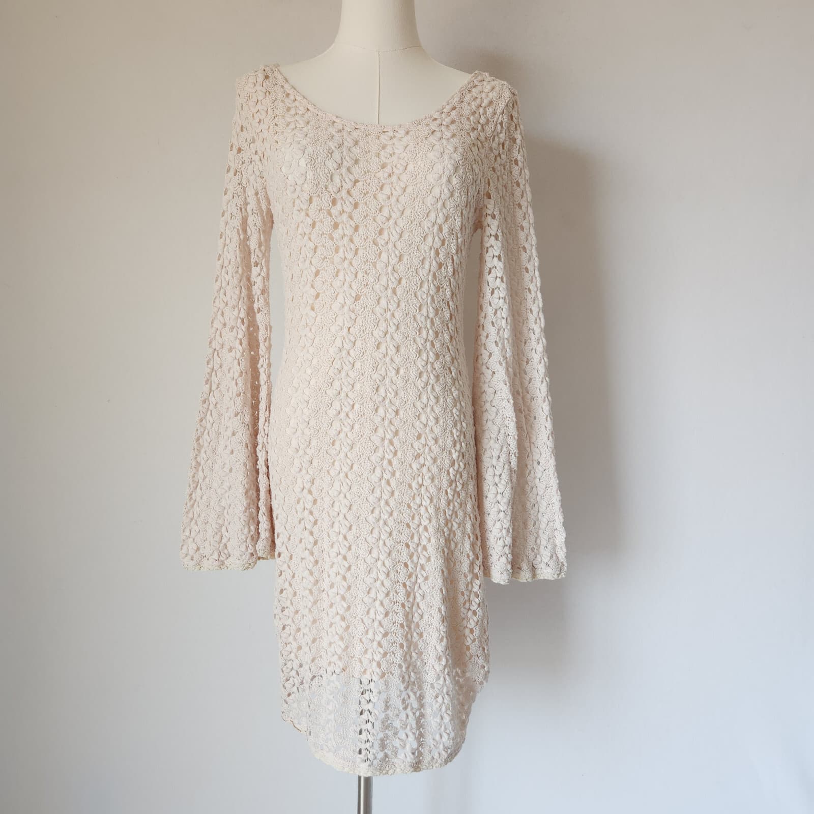 Free People Ivory Lace Crochet Gypsy Mini Dress Scoop-Back Long Bell Sleeve Sz.L