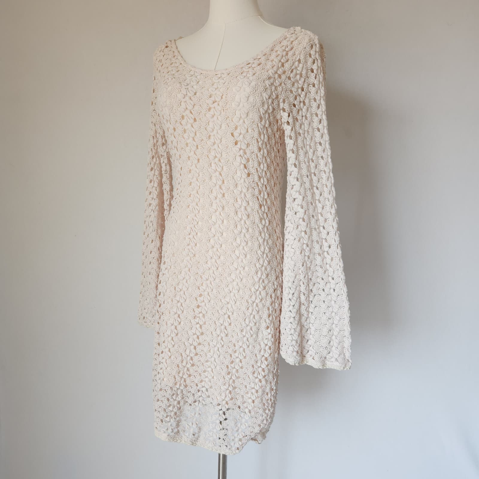 Free People Ivory Lace Crochet Gypsy Mini Dress Scoop-Back Long Bell Sleeve Sz.L - Thumbnail 3