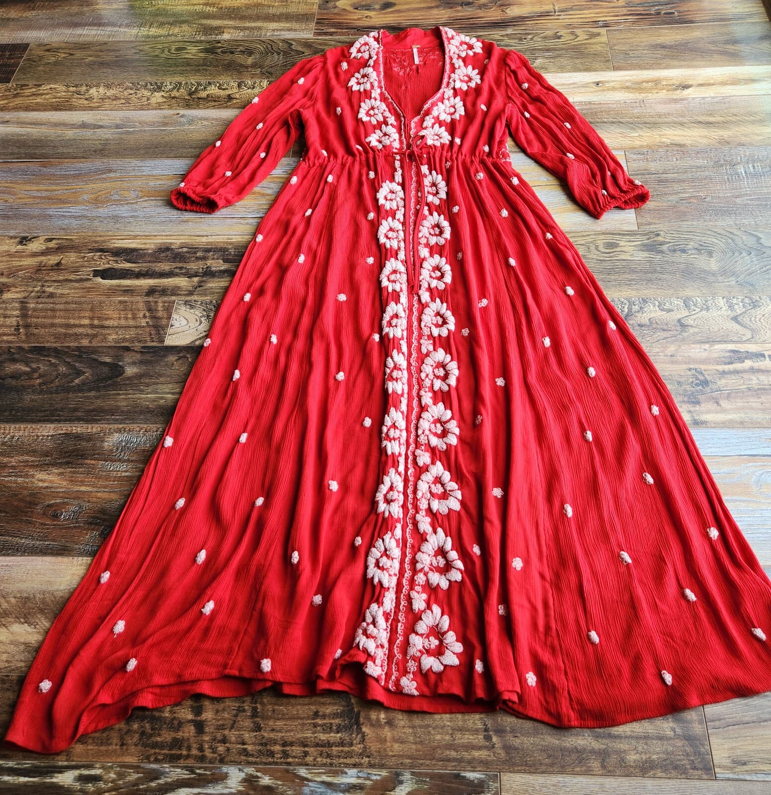Free People Embroidered Fable Boho Midi Dress 3/4 Sleeve Gauze Red White Sz.S - Thumbnail 13