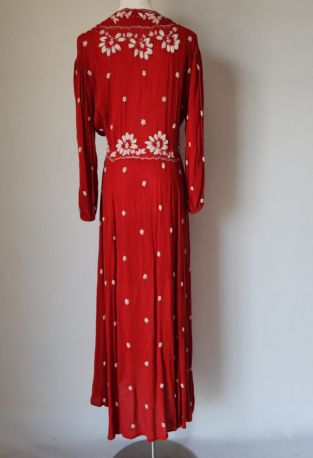 Free People Embroidered Fable Boho Midi Dress 3/4 Sleeve Gauze Red White Sz.S - Thumbnail 10