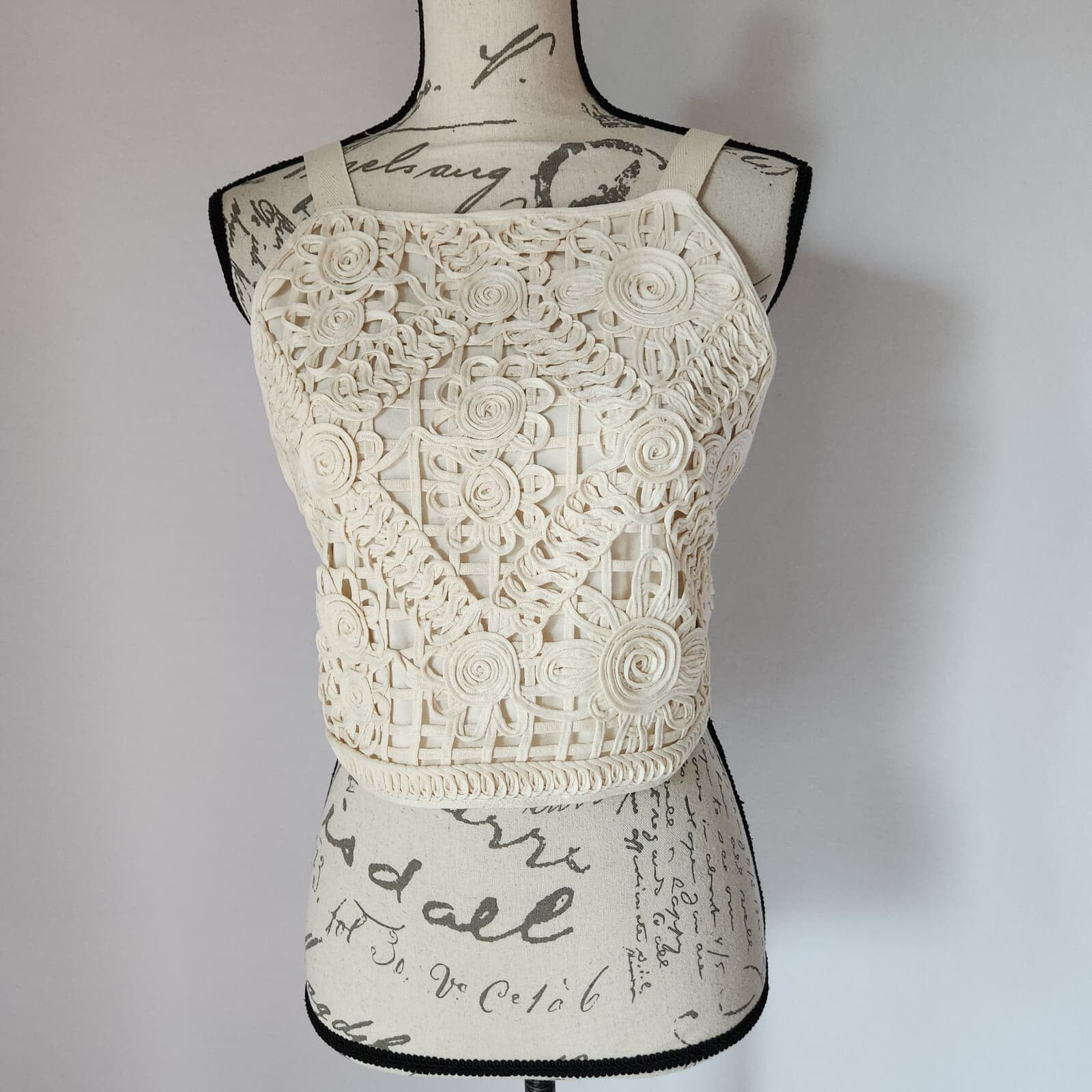 NWT ZARA Swirls Lace Cropped Top Shoulder-Strap Smock-Back Cotton Ivory Women L - Thumbnail 3