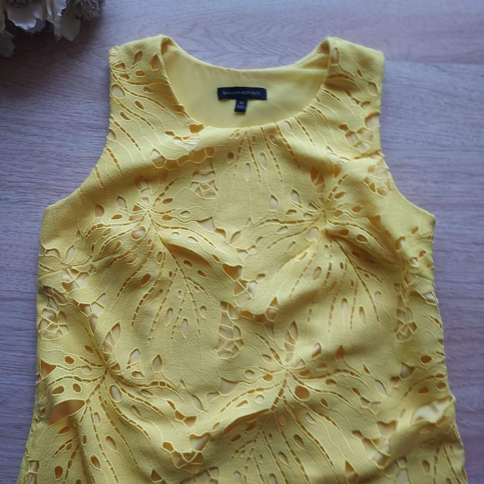 Banana Republic Leaf Lace Mini Tunic Sheath Dress Sleeveless Lined Yellow Sz.10 - Thumbnail 9