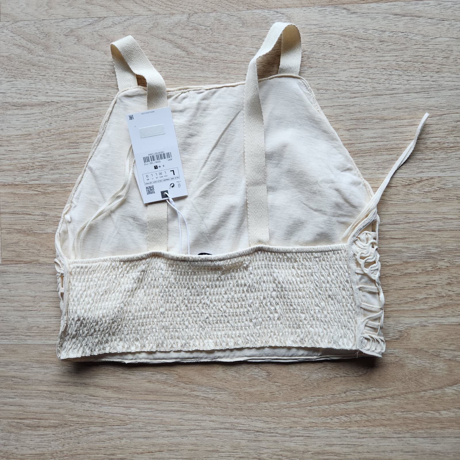 NWT ZARA Swirls Lace Cropped Top Shoulder-Strap Smock-Back Cotton Ivory Women L - Thumbnail 6