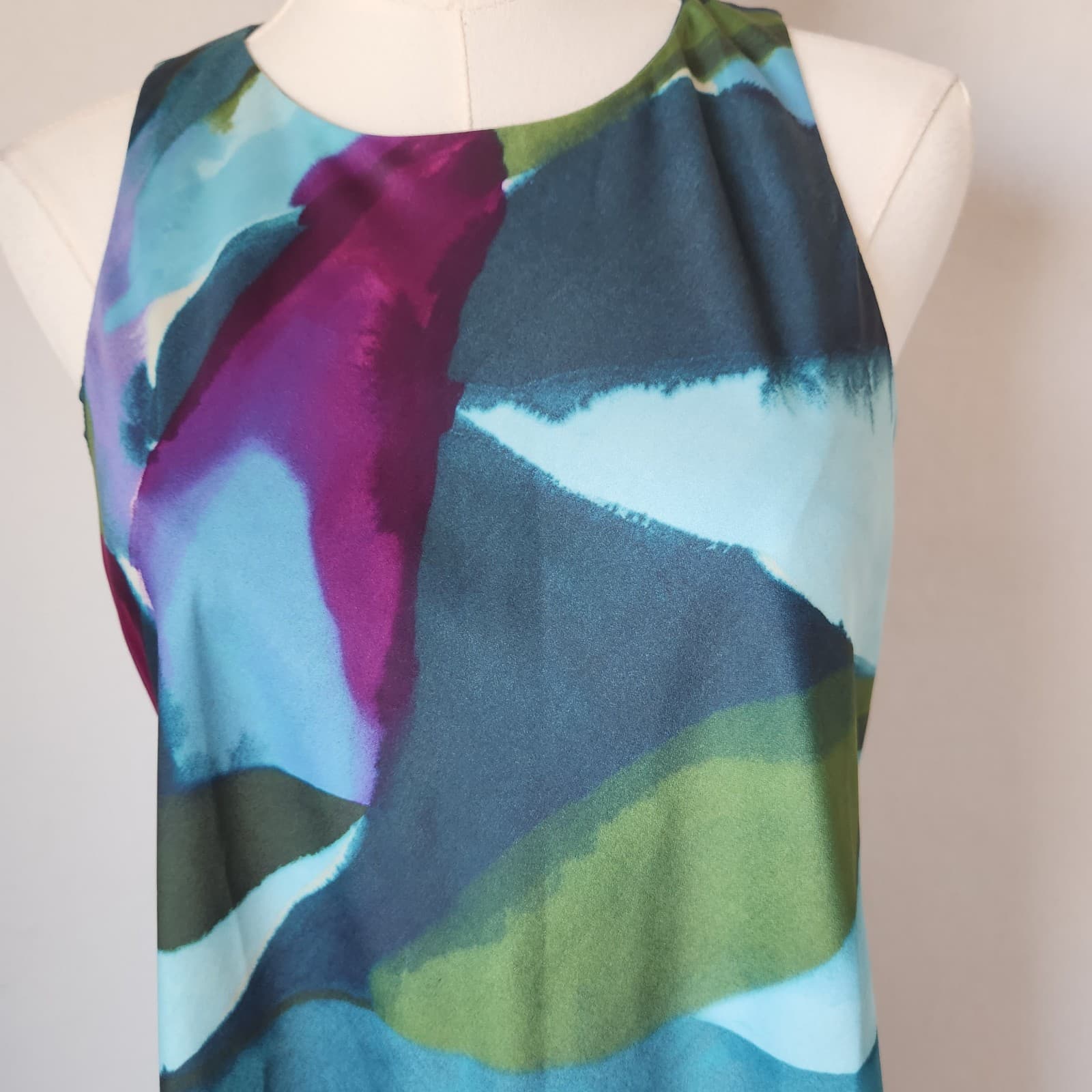 Banana Republic Satin Silky Crepe Midi Shift Dress Sleeveless Teal Peacock Sz.S - Thumbnail 5