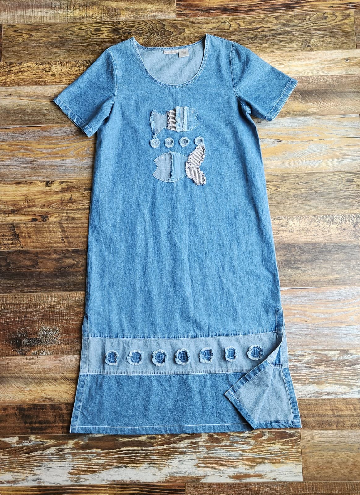 Vintage Draper's & Damon's Fish Appliqué Denim Midi Dress Short Sleeve Cotton L - Thumbnail 2