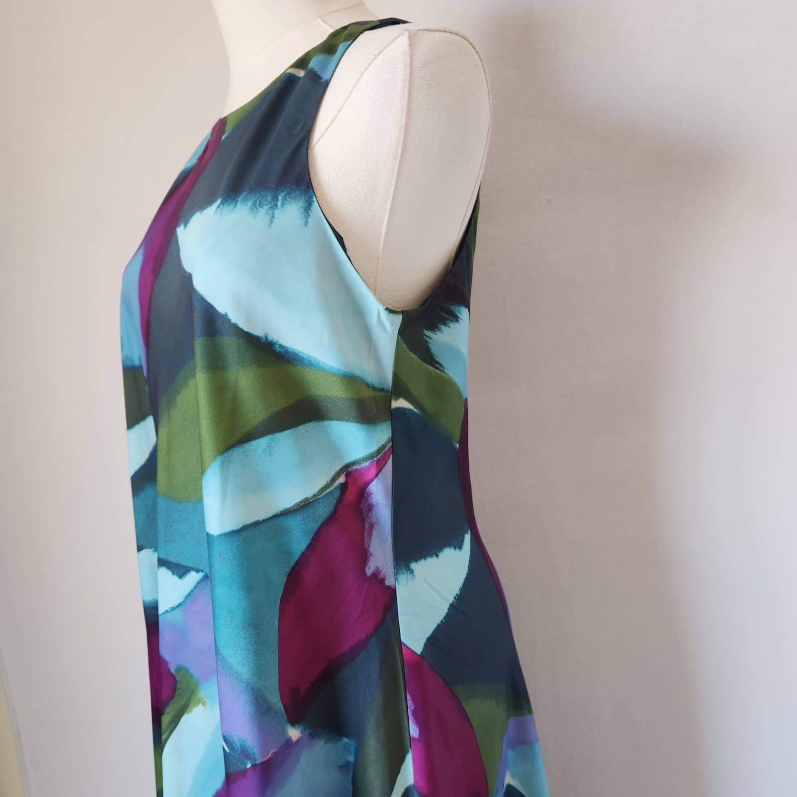 Banana Republic Satin Silky Crepe Midi Shift Dress Sleeveless Teal Peacock Sz.S - Thumbnail 6