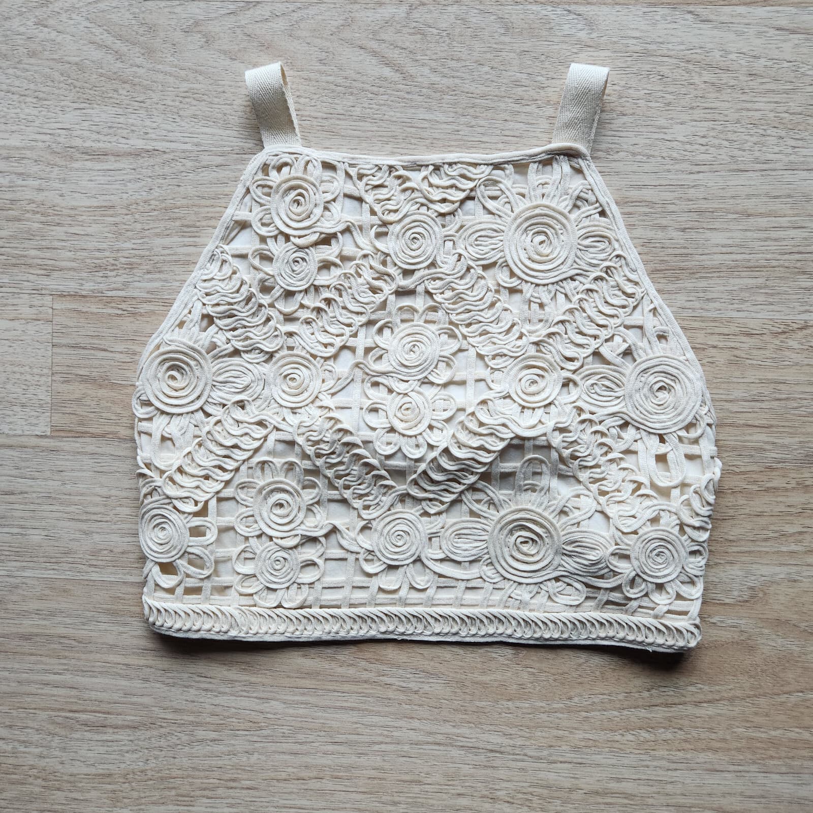 NWT ZARA Swirls Lace Cropped Top Shoulder-Strap Smock-Back Cotton Ivory Women L - Thumbnail 2